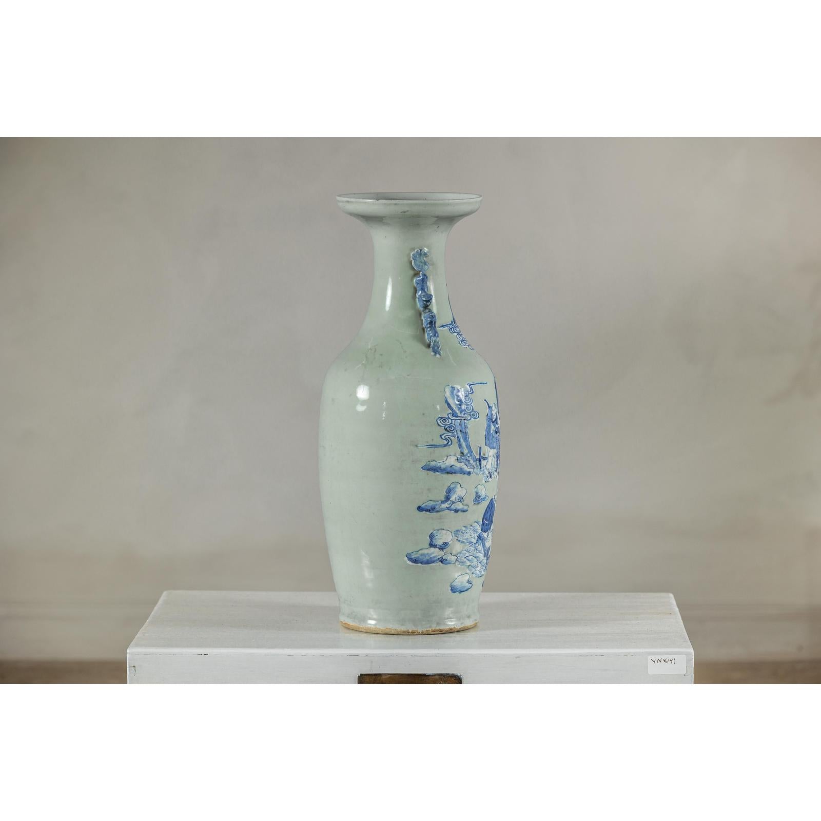Antique Blue and White Vase with Soft Green Ground and Figural Scene-8. Asian &amp; Chinese Furniture, Art, Antiques, Vintage Home Décor for sale at FEA Home