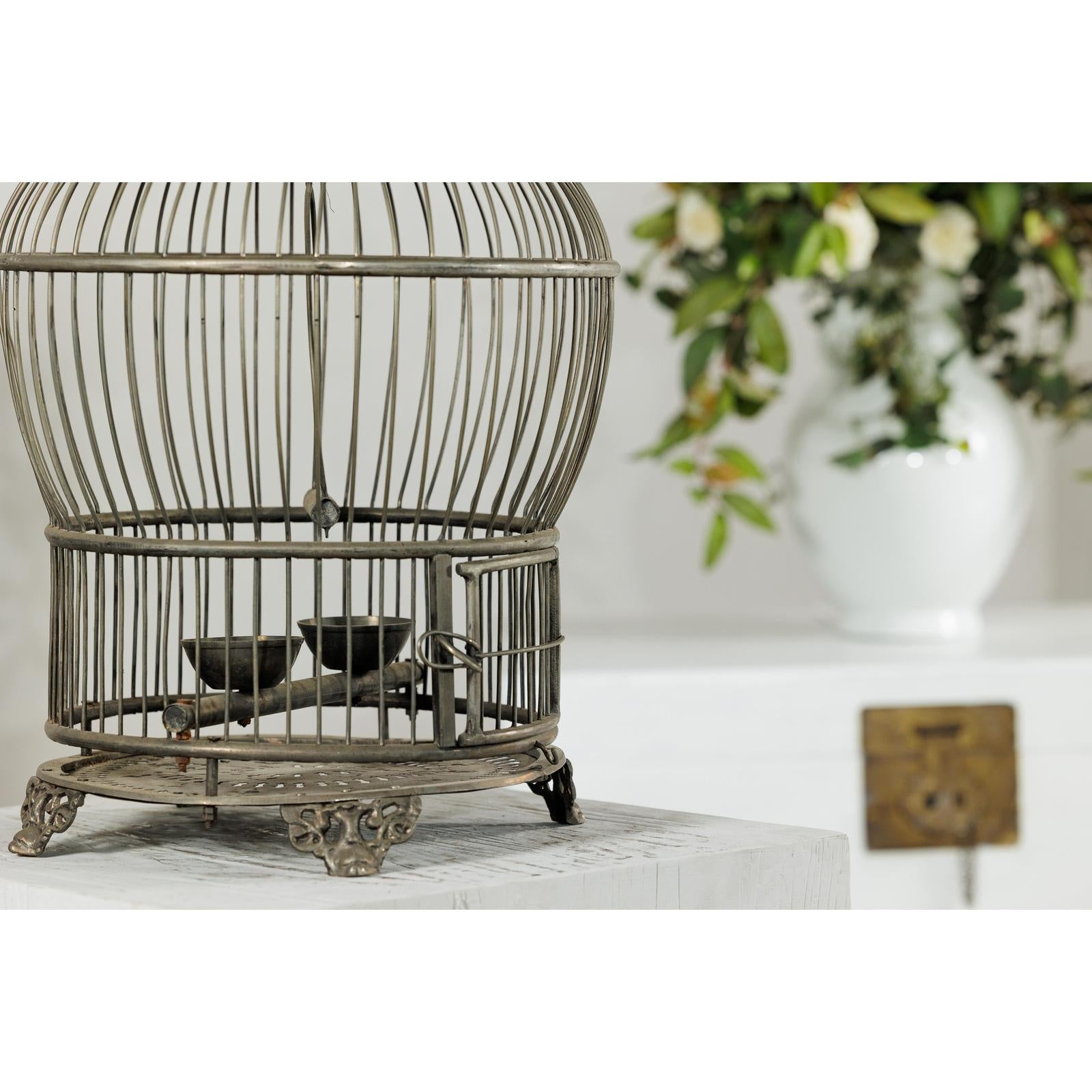 Antique Brass Bird Cage with Montgolfière Form, Pierced Feet-11. Asian &amp; Chinese Furniture, Art, Antiques, Vintage Home Décor for sale at FEA Home
