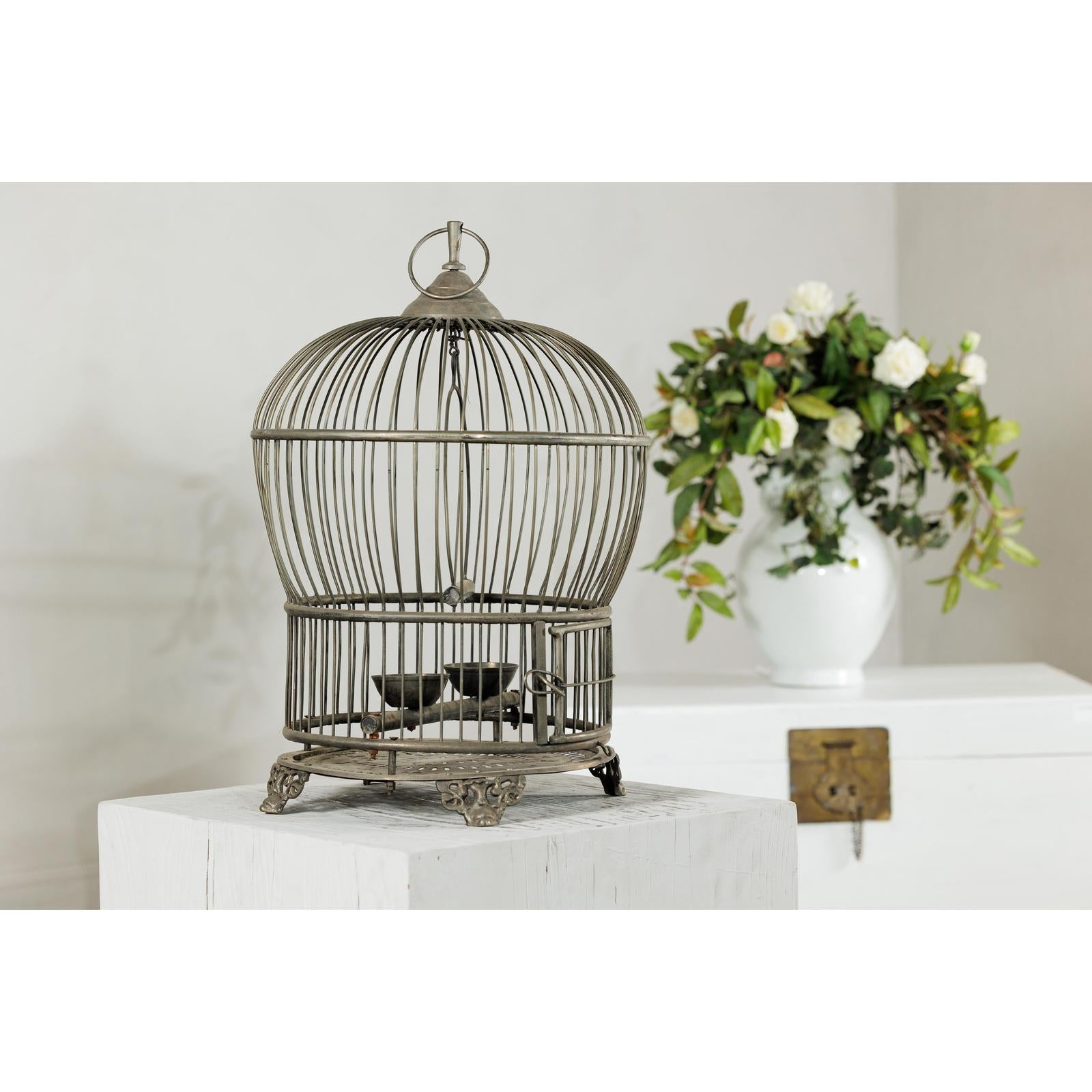 Antique Brass Bird Cage with Montgolfière Form, Pierced Feet-12. Asian &amp; Chinese Furniture, Art, Antiques, Vintage Home Décor for sale at FEA Home
