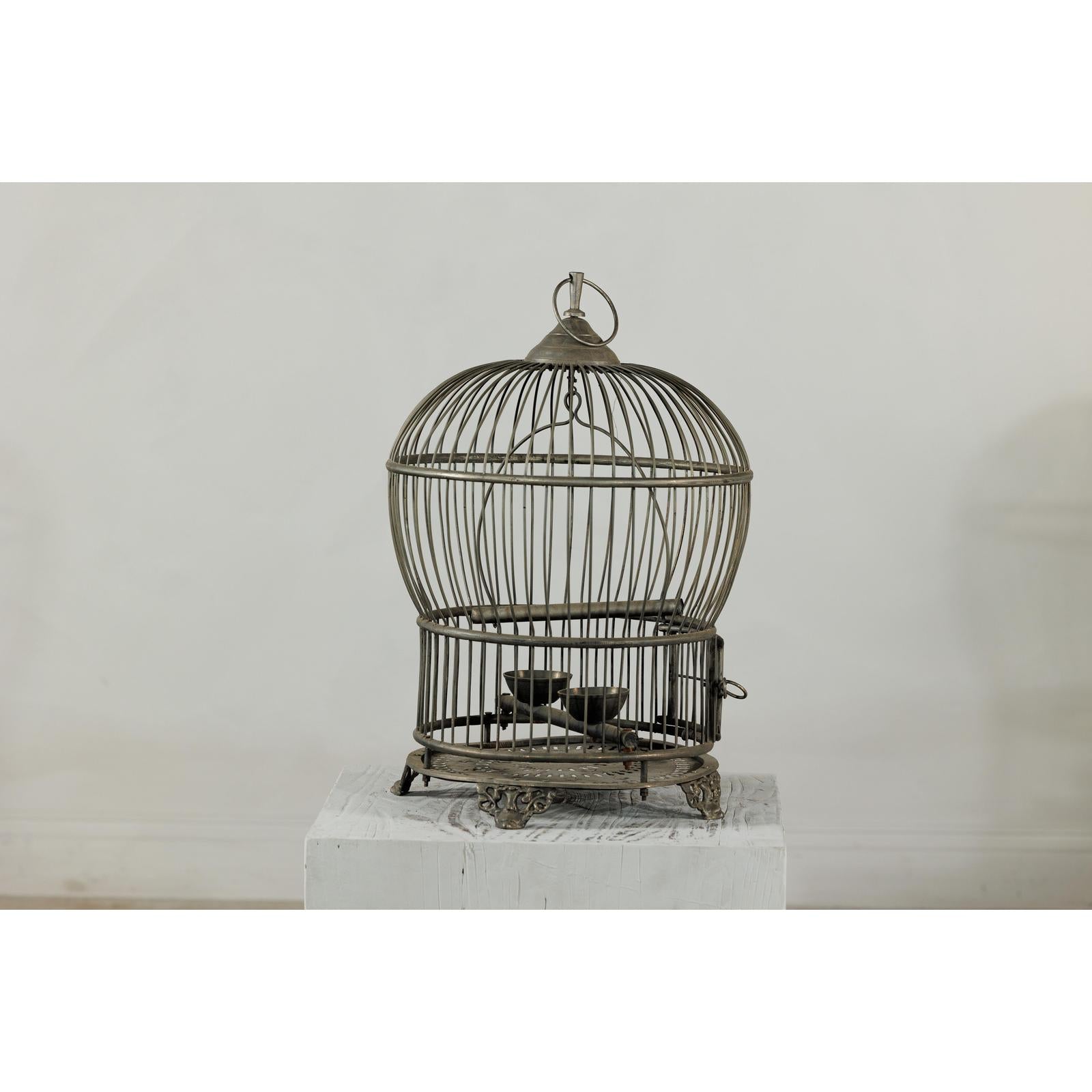 Antique Brass Bird Cage with Montgolfière Form, Pierced Feet-14. Asian &amp; Chinese Furniture, Art, Antiques, Vintage Home Décor for sale at FEA Home