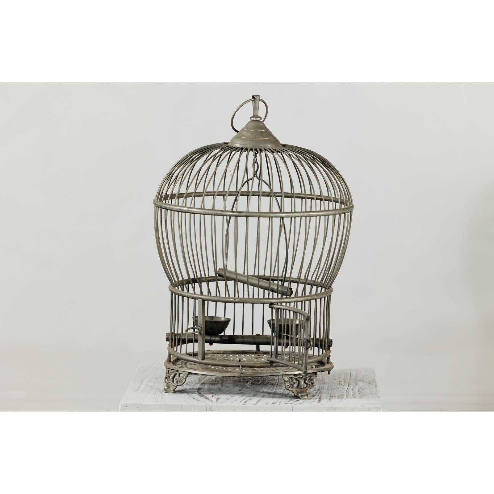 Antique Brass Bird Cage with Montgolfière Form, Pierced Feet-3. Asian &amp; Chinese Furniture, Art, Antiques, Vintage Home Décor for sale at FEA Home
