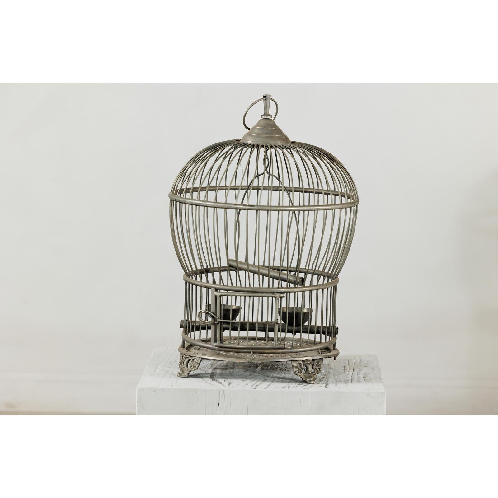 Antique Brass Bird Cage with Montgolfière Form, Pierced Feet-7. Asian &amp; Chinese Furniture, Art, Antiques, Vintage Home Décor for sale at FEA Home