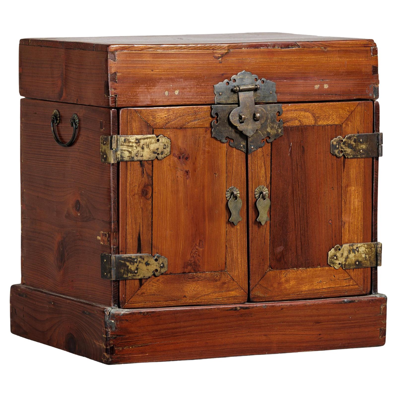 Antique Brown Lacquered Dressing Case Jewelry Box with Brass Hardware-1. Asian & Chinese Furniture, Art, Antiques, Vintage Home Décor for sale at FEA Home