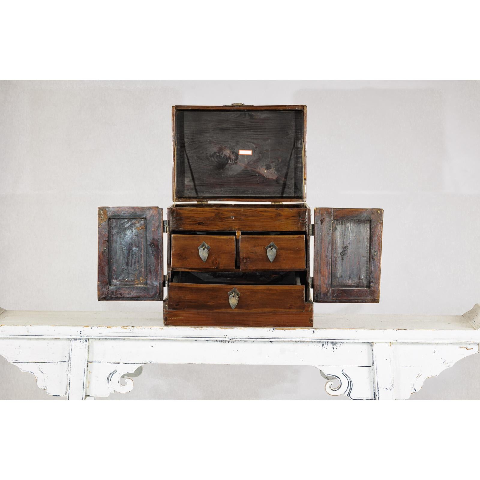 Antique Brown Lacquered Dressing Case Jewelry Box with Brass Hardware-11. Asian &amp; Chinese Furniture, Art, Antiques, Vintage Home Décor for sale at FEA Home