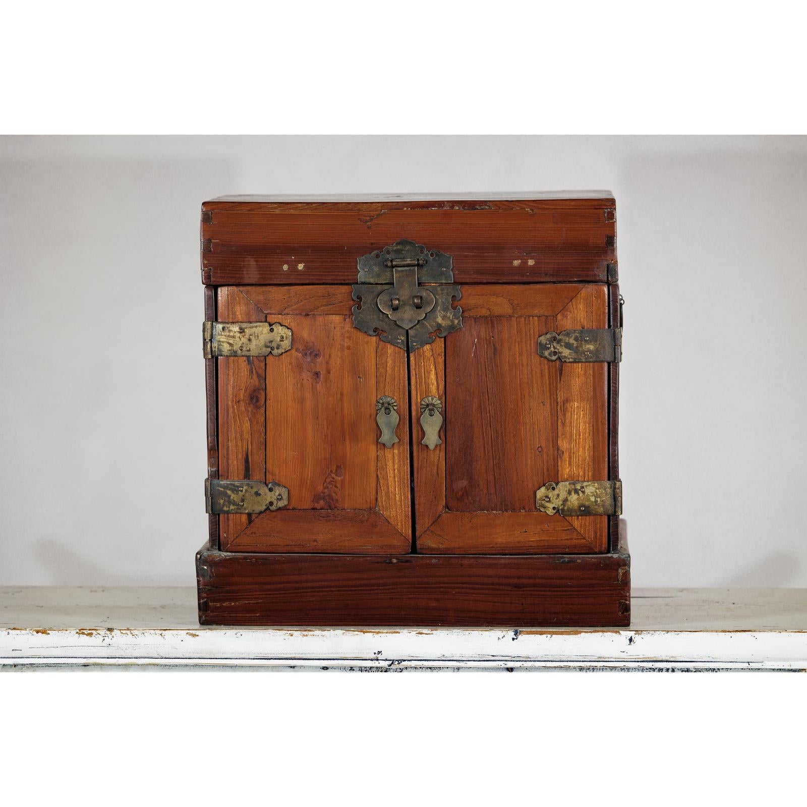 Antique Brown Lacquered Dressing Case Jewelry Box with Brass Hardware-12. Asian &amp; Chinese Furniture, Art, Antiques, Vintage Home Décor for sale at FEA Home