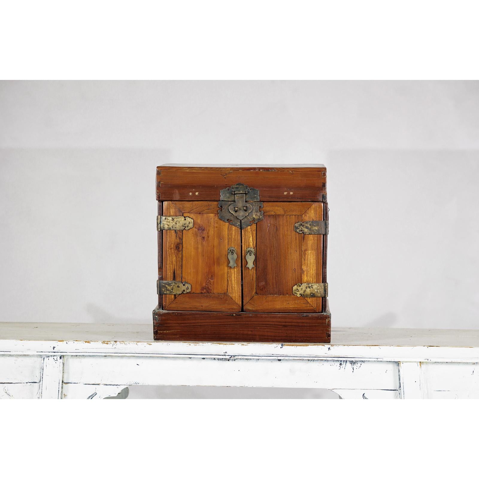 Antique Brown Lacquered Dressing Case Jewelry Box with Brass Hardware-14. Asian &amp; Chinese Furniture, Art, Antiques, Vintage Home Décor for sale at FEA Home