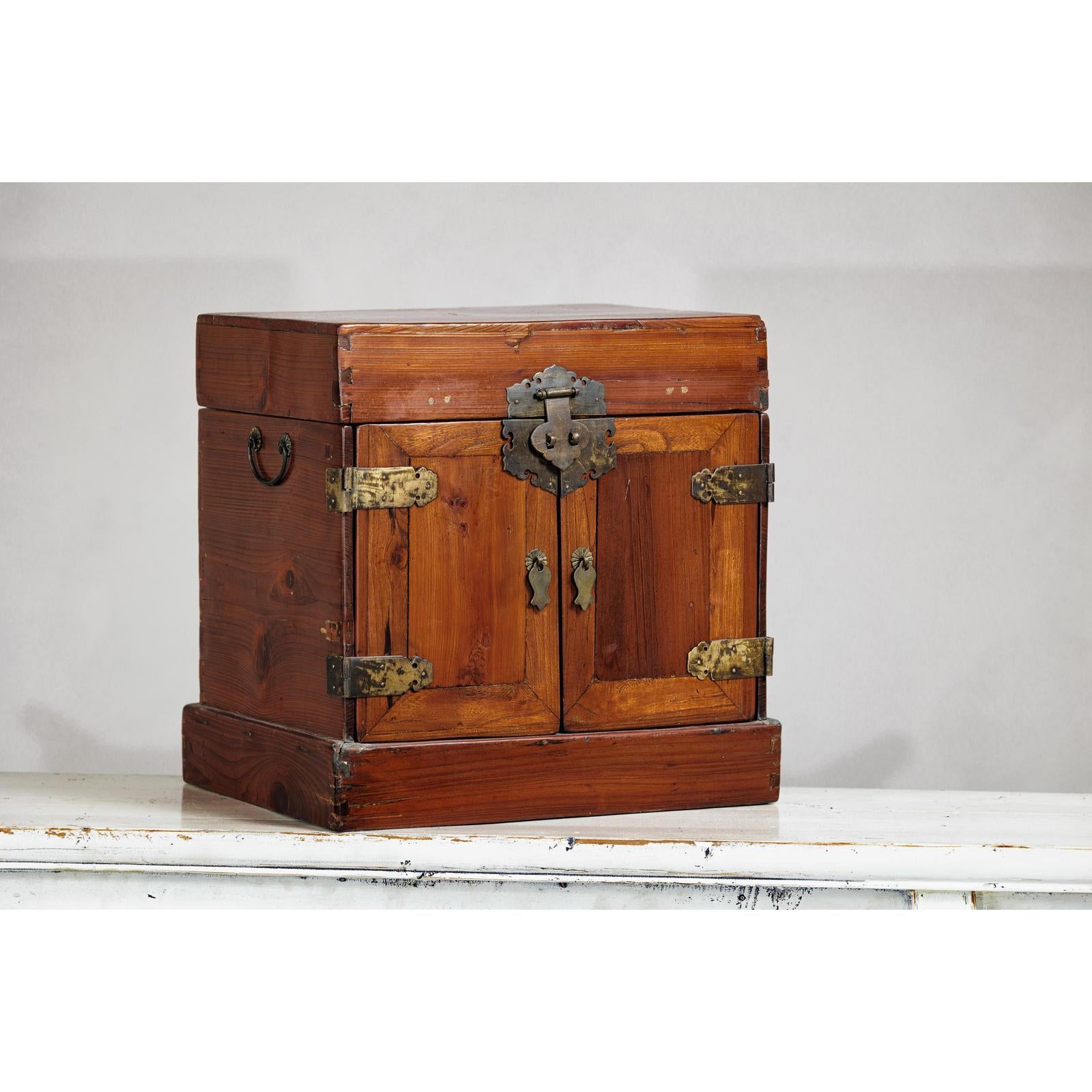 Antique Brown Lacquered Dressing Case Jewelry Box with Brass Hardware-2. Asian & Chinese Furniture, Art, Antiques, Vintage Home Décor for sale at FEA Home
