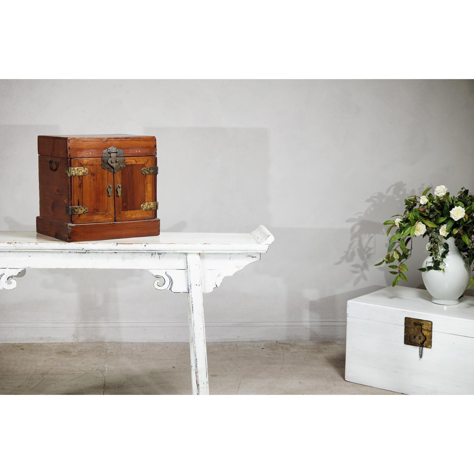 Antique Brown Lacquered Dressing Case Jewelry Box with Brass Hardware-3. Asian &amp; Chinese Furniture, Art, Antiques, Vintage Home Décor for sale at FEA Home