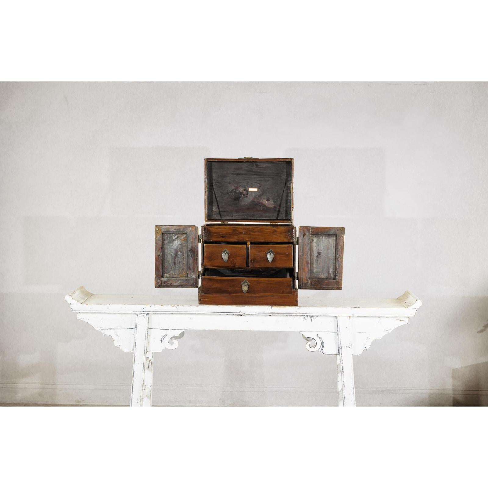 Antique Brown Lacquered Dressing Case Jewelry Box with Brass Hardware-4. Asian &amp; Chinese Furniture, Art, Antiques, Vintage Home Décor for sale at FEA Home