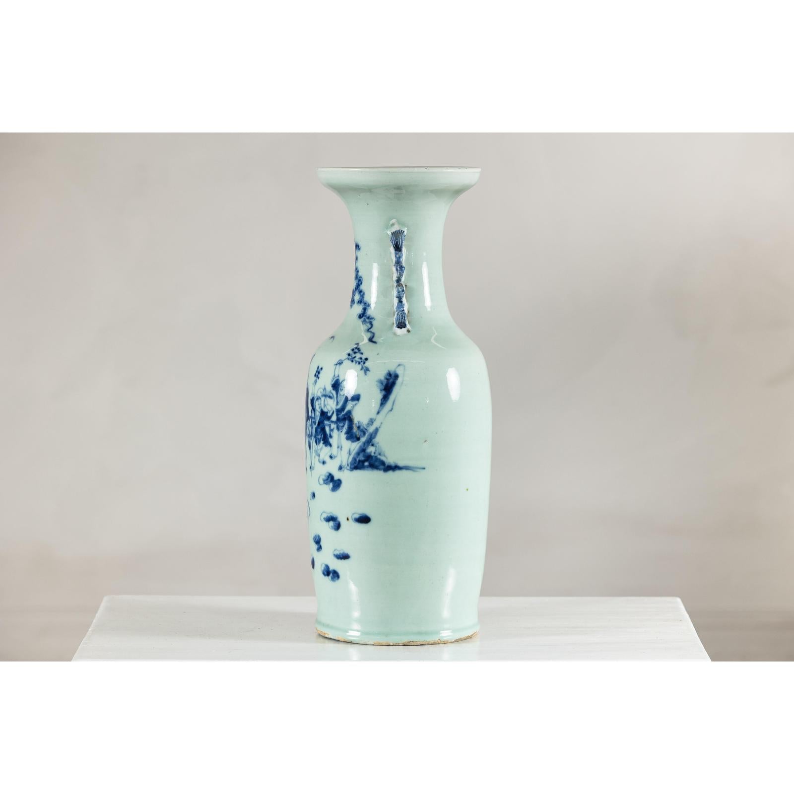 Antique Chinese Blue &amp; White Vase with Scenes and Celadon Glaze