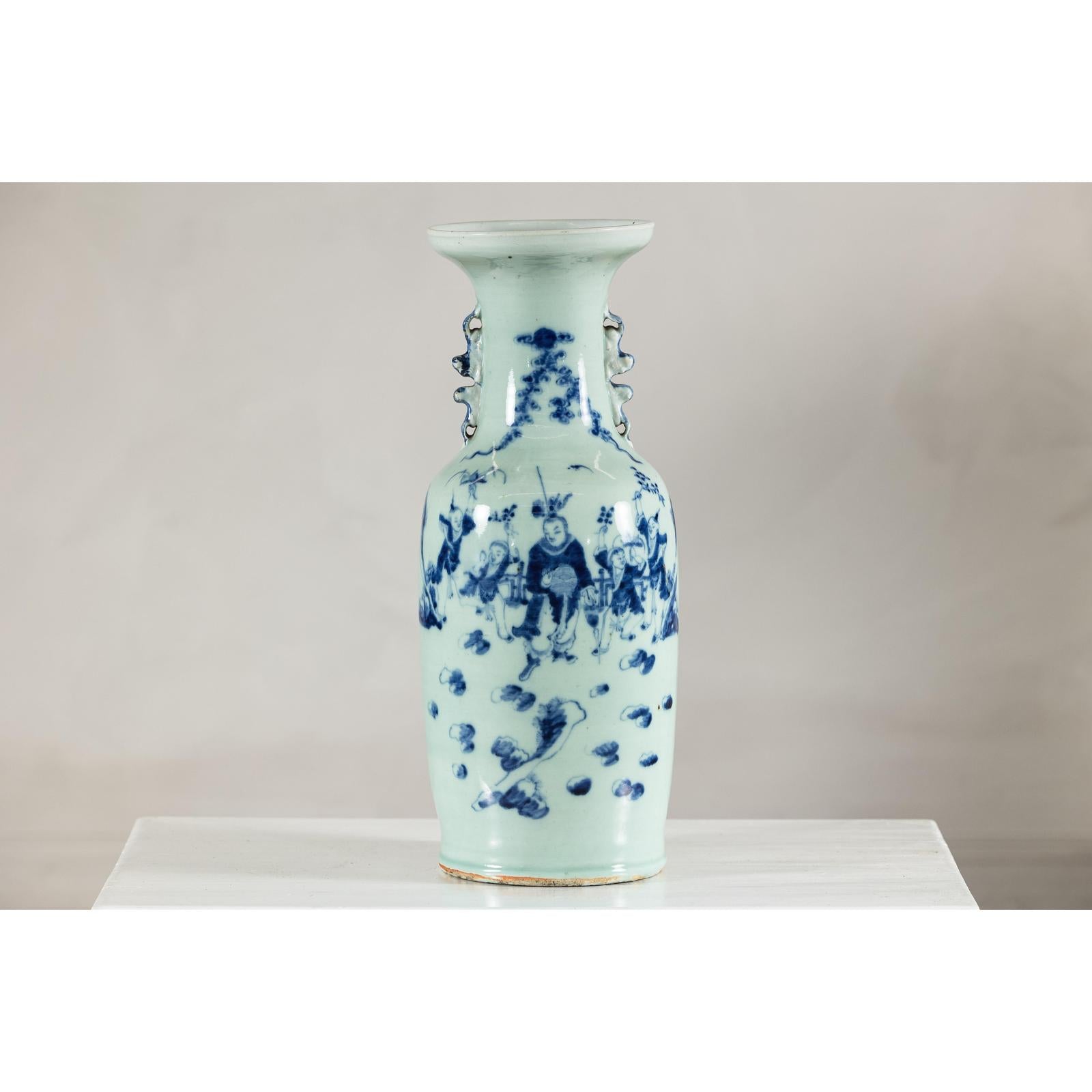 Antique Chinese Blue &amp; White Vase with Scenes and Celadon Glaze