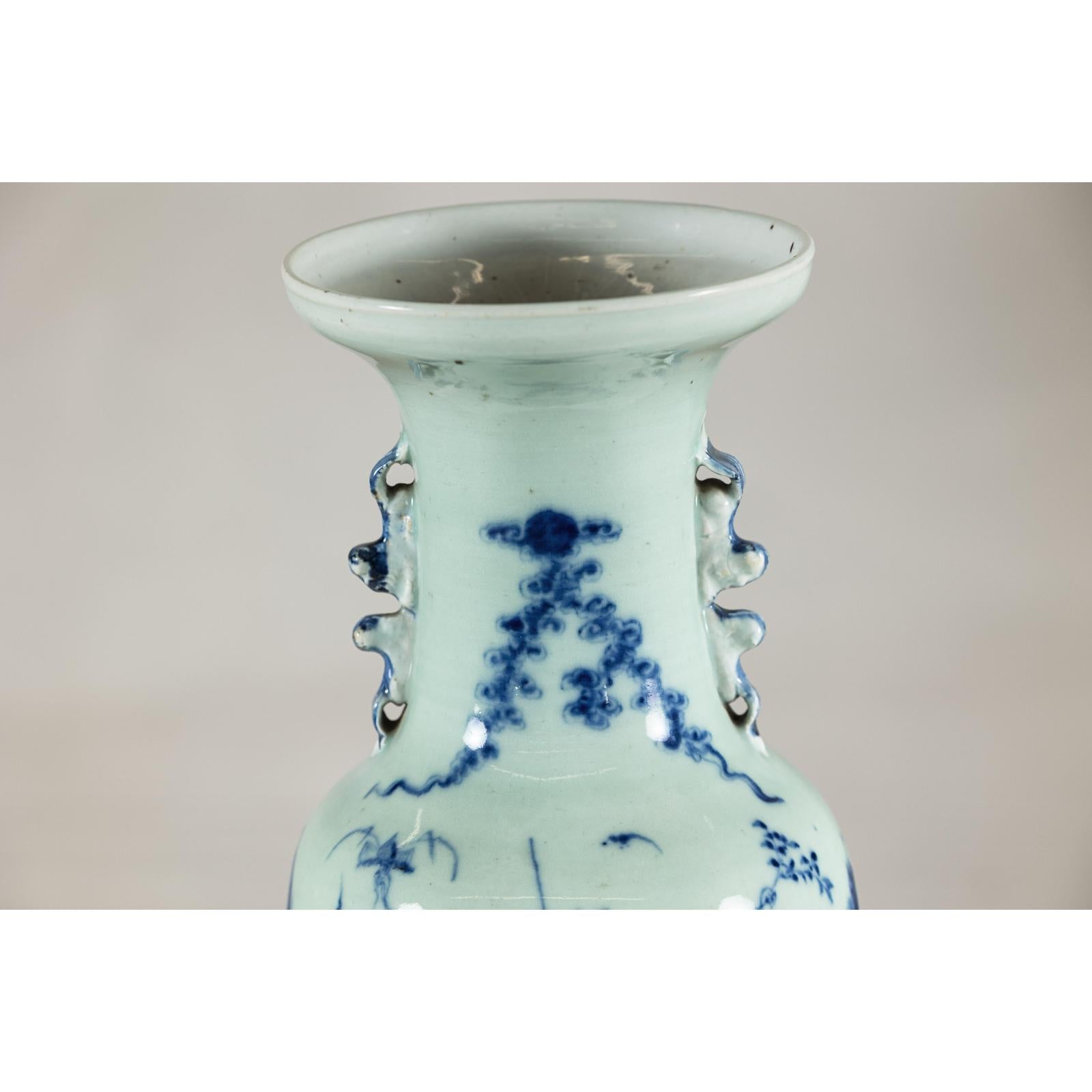 Antique Chinese Blue &amp; White Vase with Scenes and Celadon Glaze