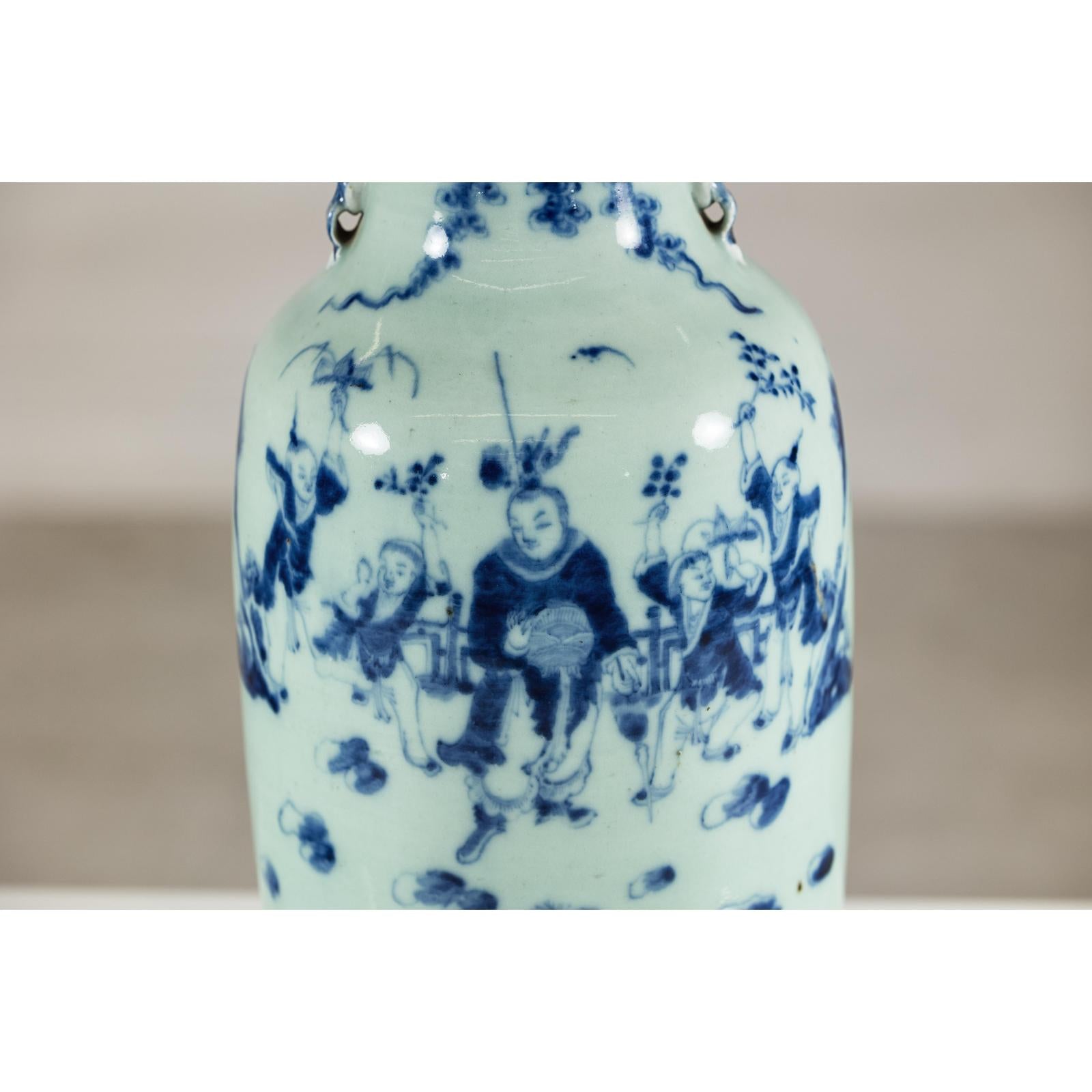 Antique Chinese Blue &amp; White Vase with Scenes and Celadon Glaze