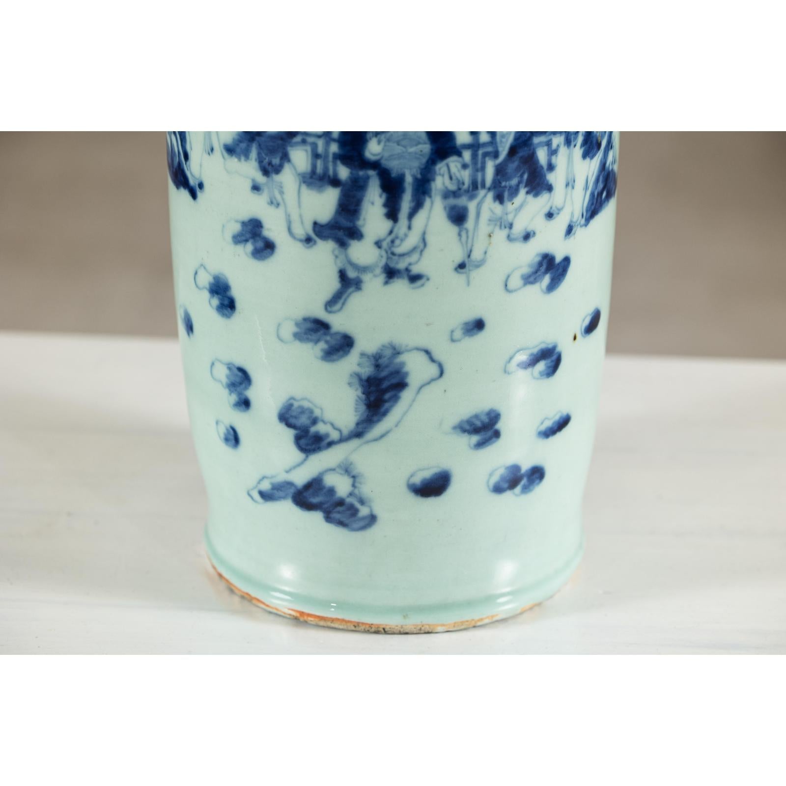 Antique Chinese Blue &amp; White Vase with Scenes and Celadon Glaze