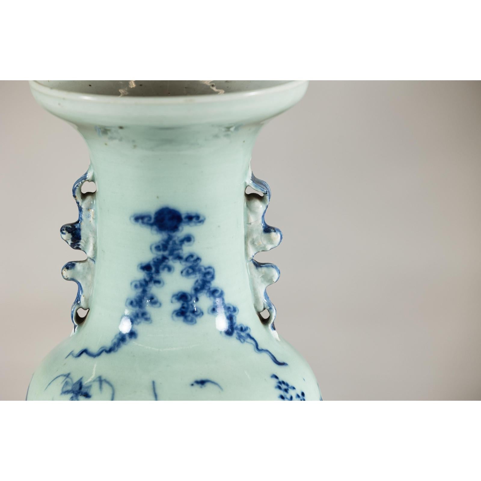 Antique Chinese Blue &amp; White Vase with Scenes and Celadon Glaze