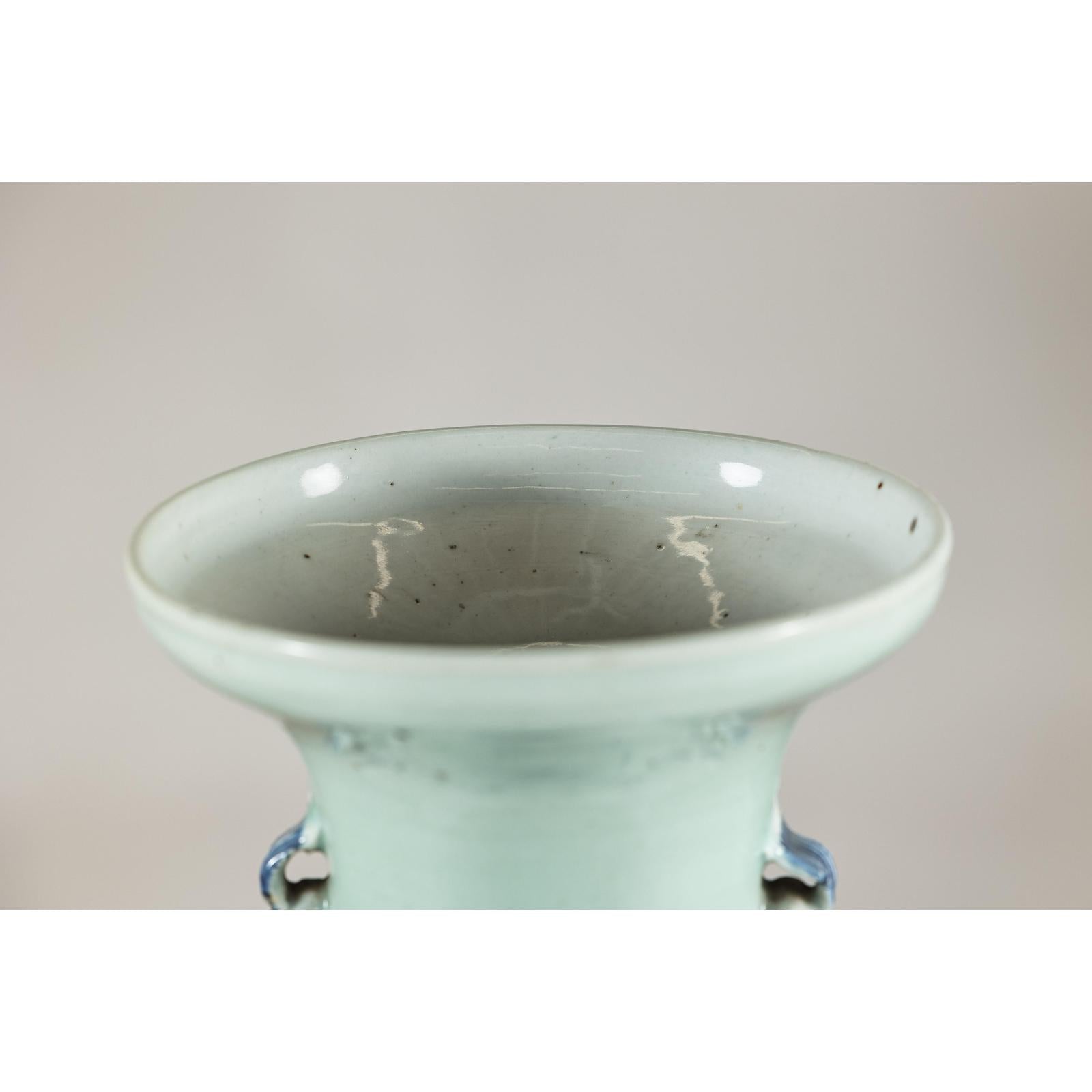 Antique Chinese Blue &amp; White Vase with Scenes and Celadon Glaze