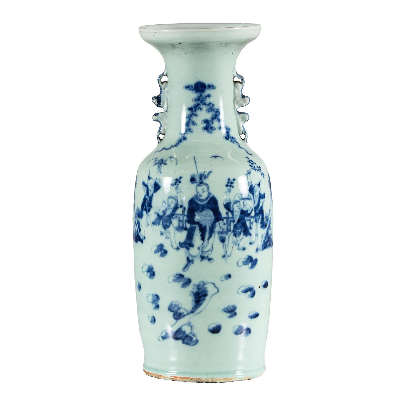 Antique Chinese Blue &amp; White Vase with Scenes and Celadon Glaze