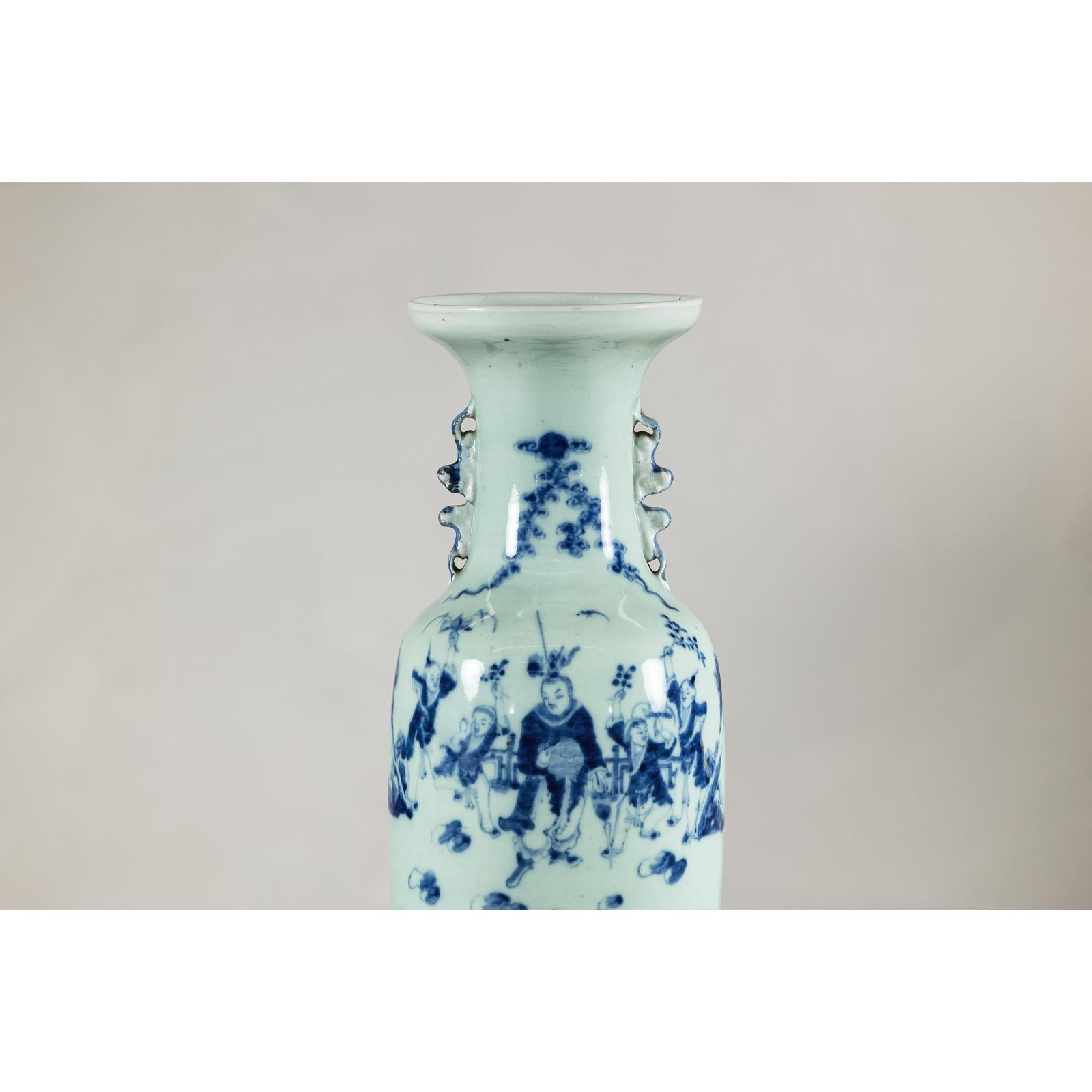 Antique Chinese Blue &amp; White Vase with Scenes and Celadon Glaze