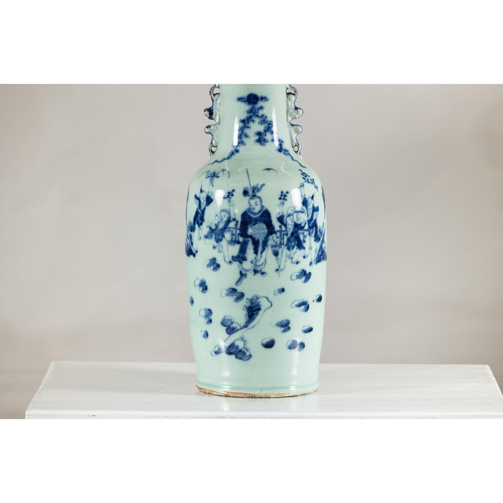 Antique Chinese Blue &amp; White Vase with Scenes and Celadon Glaze