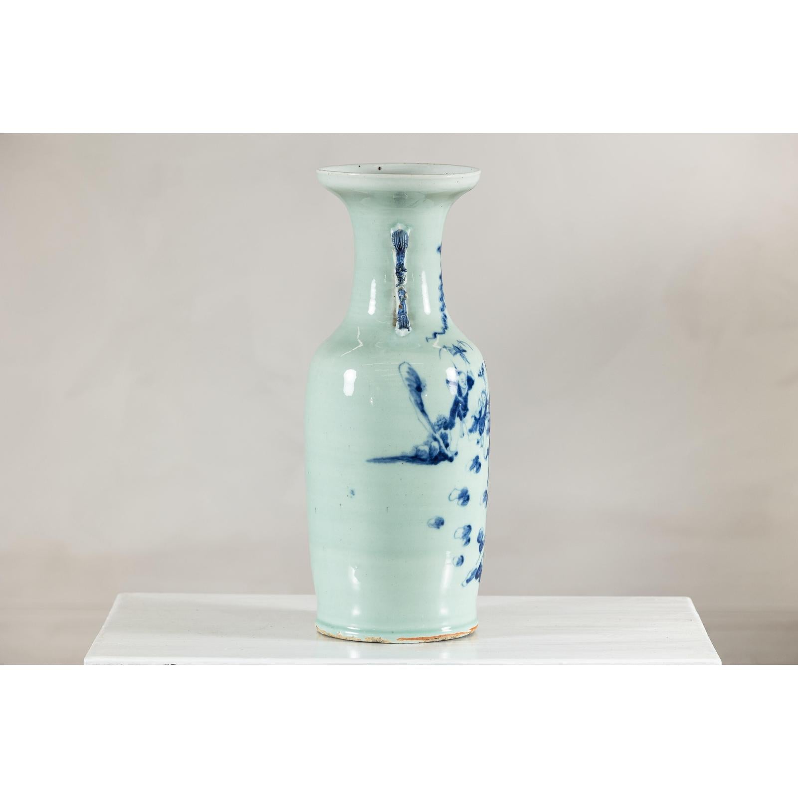 Antique Chinese Blue &amp; White Vase with Scenes and Celadon Glaze