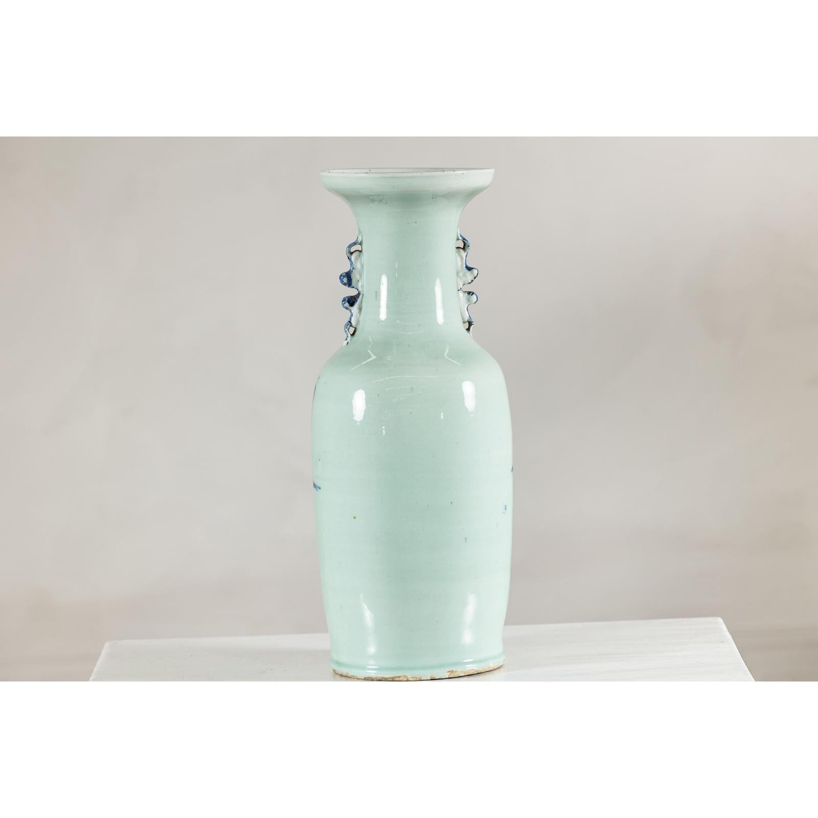 Antique Chinese Blue &amp; White Vase with Scenes and Celadon Glaze