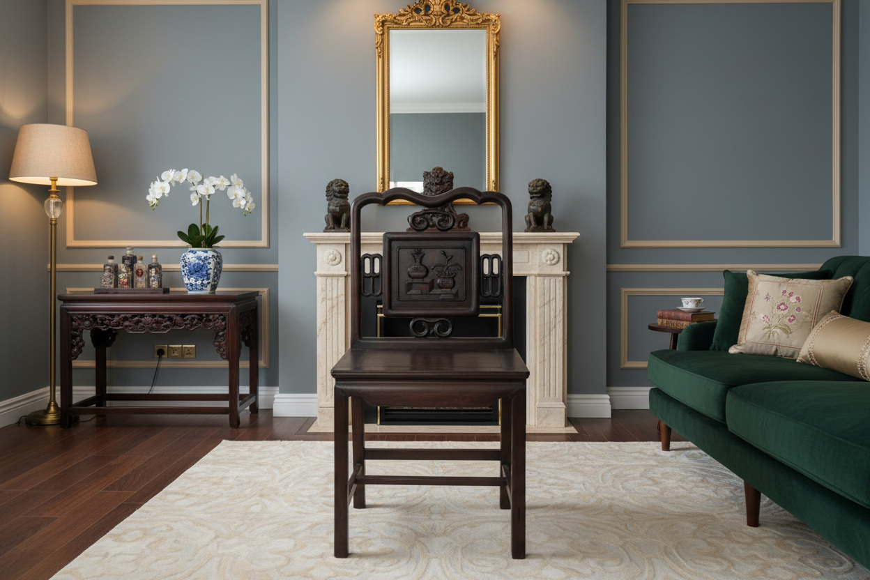 Brown lacquered yumu wood side chair with hand-carved details and a square floral backrest.