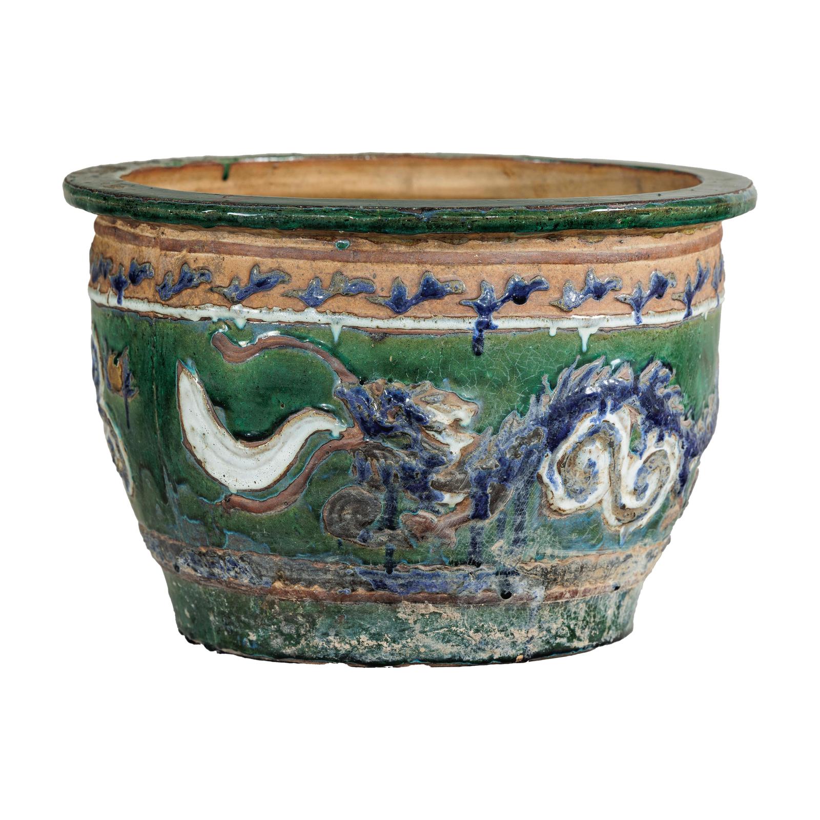 Antique Vietnamese Glazed Ceramic Plante, Green & Blue Dragon Motifs-1. Asian & Chinese Furniture, Art, Antiques, Vintage Home Décor for sale at FEA Home