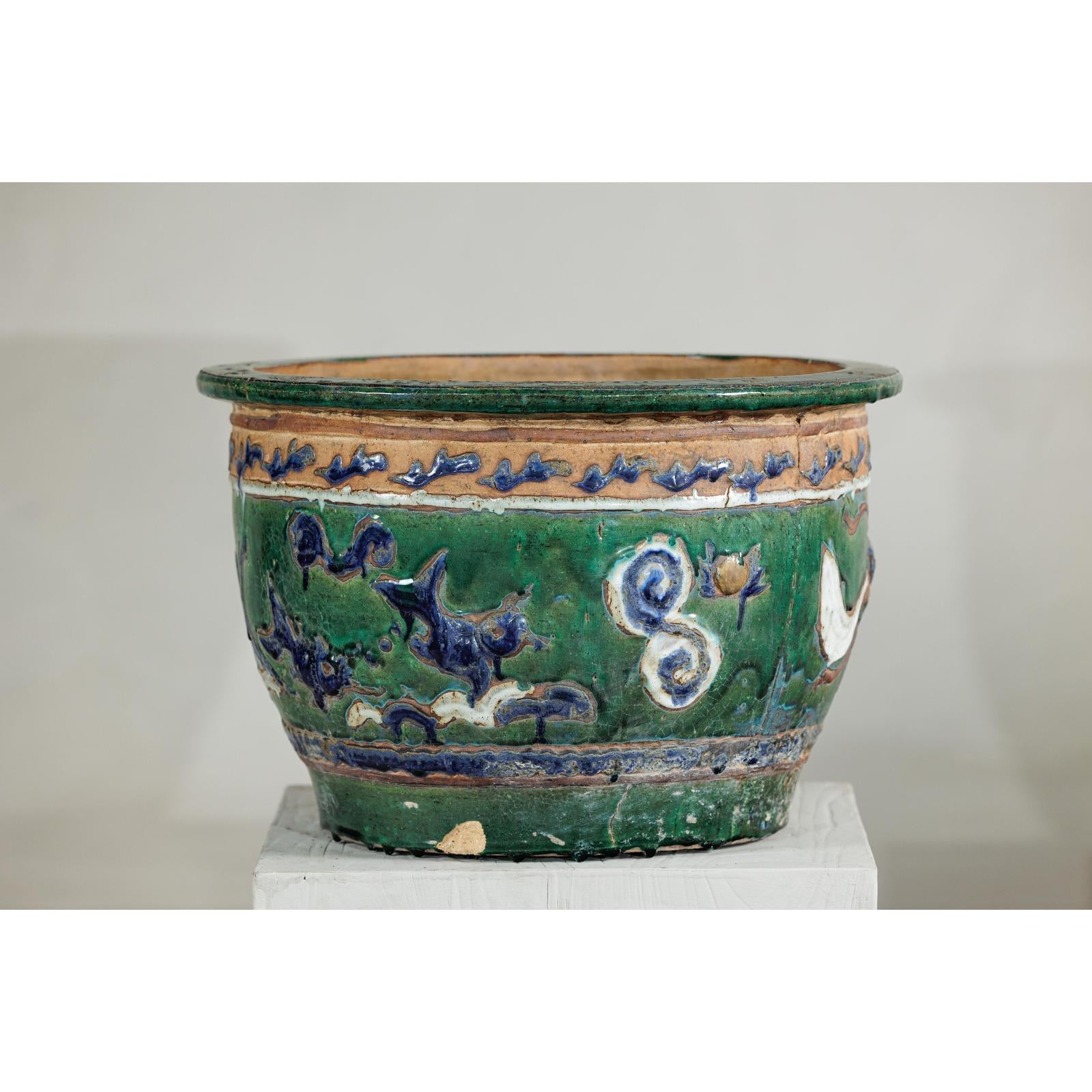 Antique Vietnamese Glazed Ceramic Plante, Green & Blue Dragon Motifs-2. Asian & Chinese Furniture, Art, Antiques, Vintage Home Décor for sale at FEA Home
