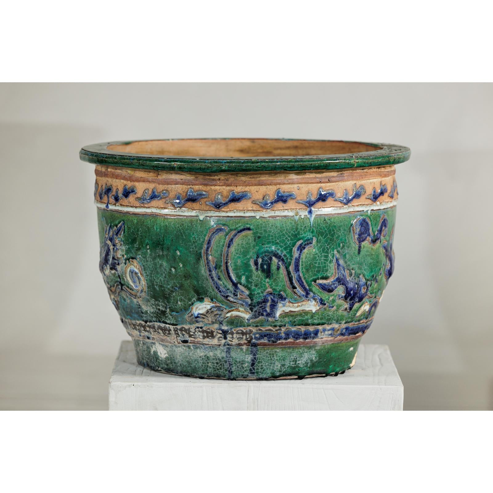 Antique Vietnamese Glazed Ceramic Plante, Green &amp; Blue Dragon Motifs-3. Asian &amp; Chinese Furniture, Art, Antiques, Vintage Home Décor for sale at FEA Home