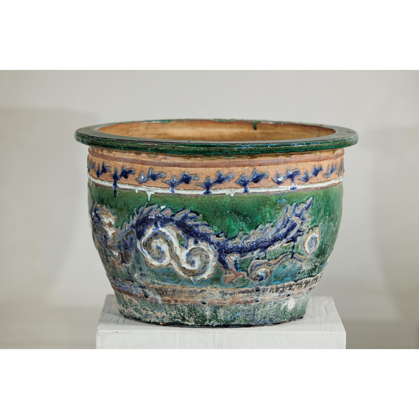 Antique Vietnamese Glazed Ceramic Plante, Green &amp; Blue Dragon Motifs-4. Asian &amp; Chinese Furniture, Art, Antiques, Vintage Home Décor for sale at FEA Home