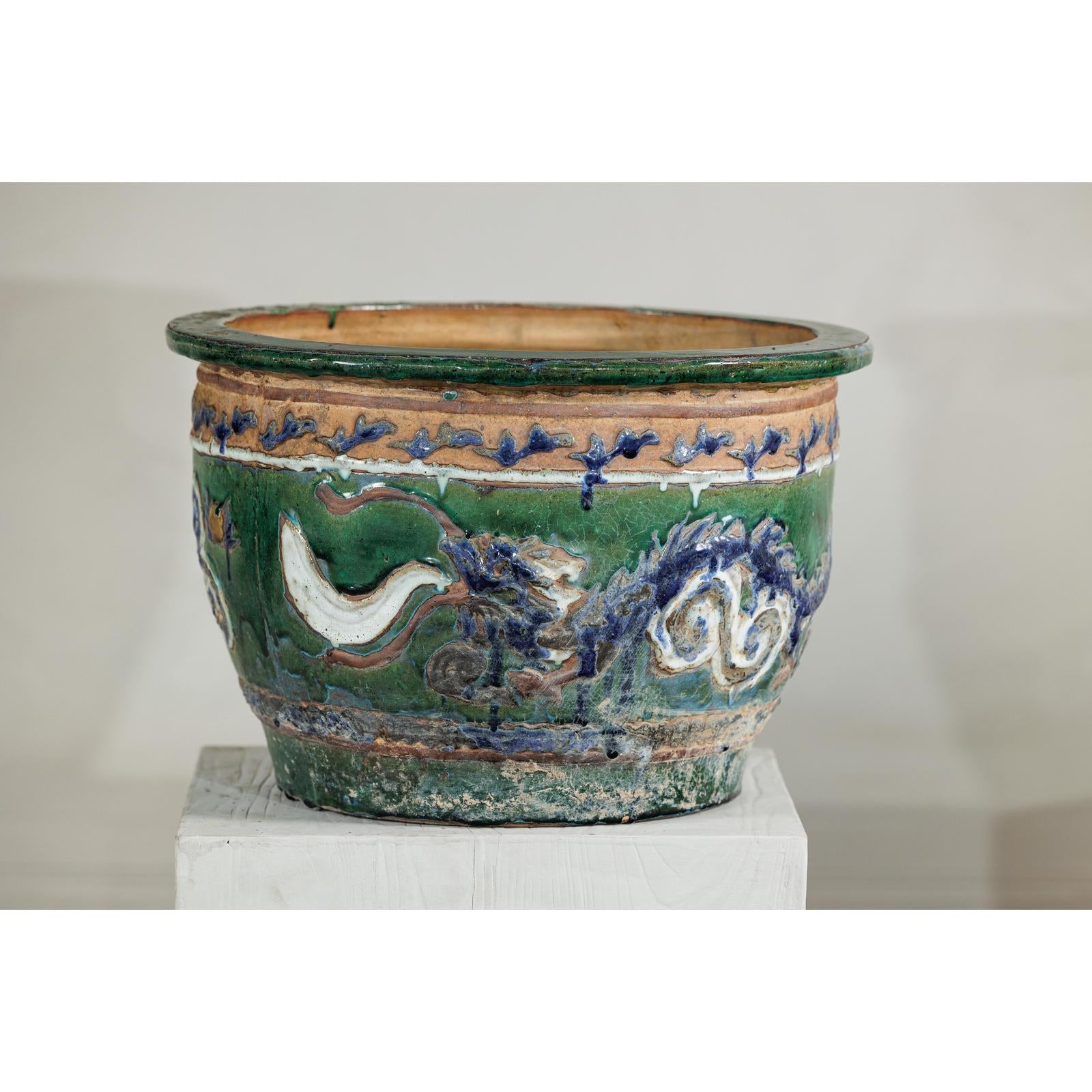 Antique Vietnamese Glazed Ceramic Plante, Green &amp; Blue Dragon Motifs-5. Asian &amp; Chinese Furniture, Art, Antiques, Vintage Home Décor for sale at FEA Home