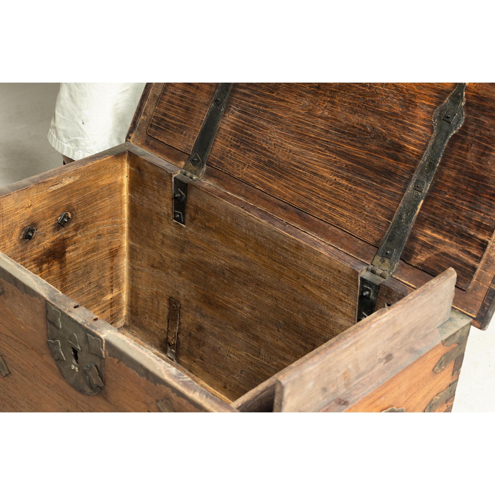 Antique Wooden Trunk with Ornamental Metalwork and Brass Hardware