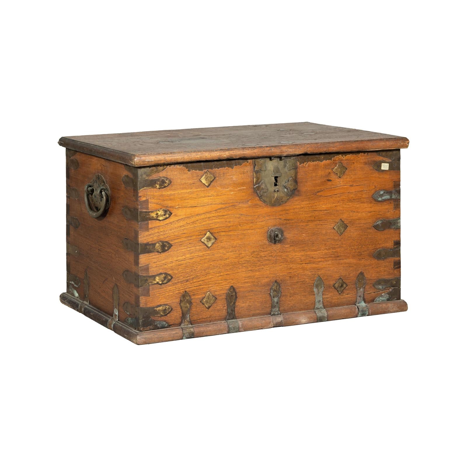 Antique Wooden Trunk with Ornamental Metalwork and Brass Hardware