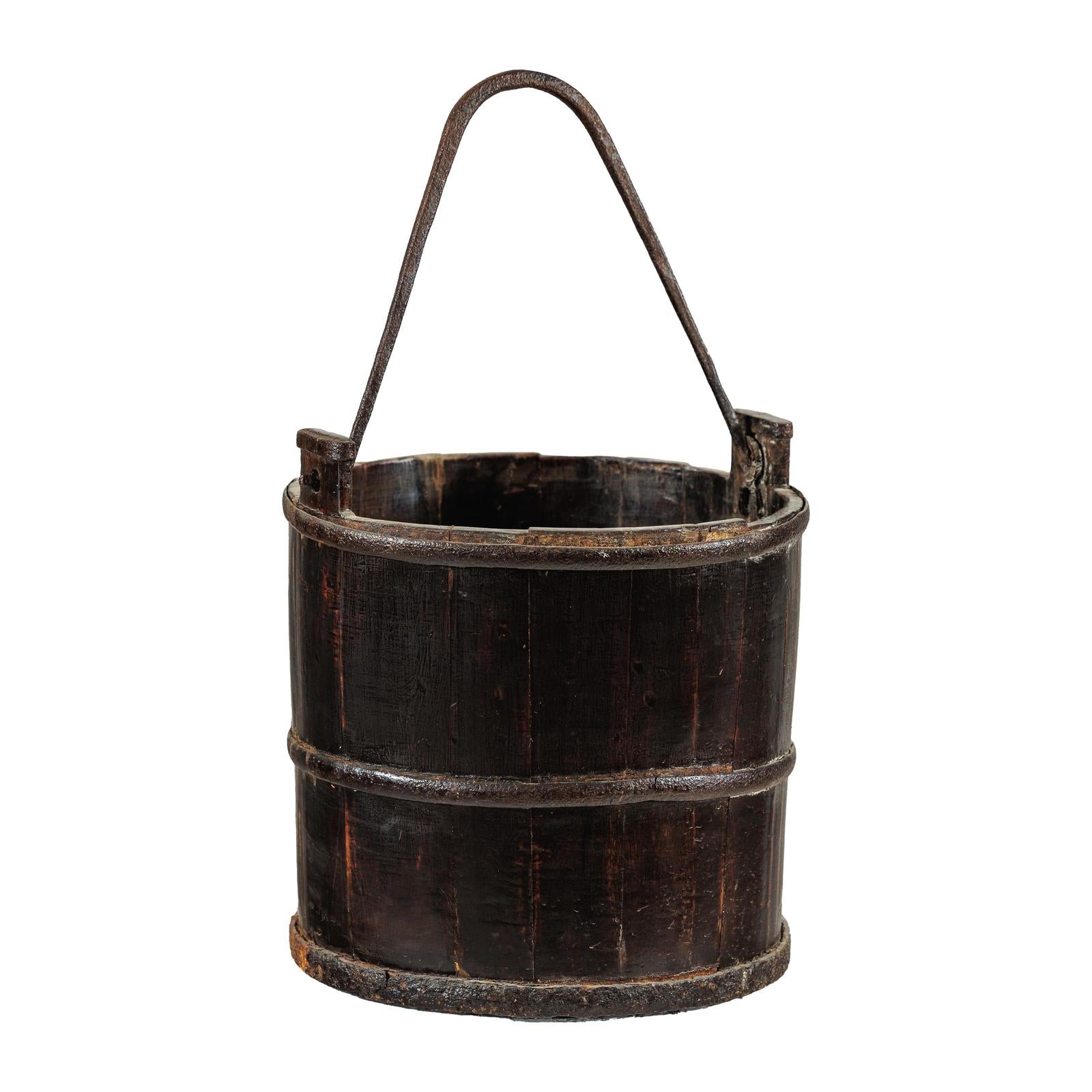 Antique Wooden Water Bucket with Iron Handle and Dark Patina-1. Asian &amp; Chinese Furniture, Art, Antiques, Vintage Home Décor for sale at FEA Home