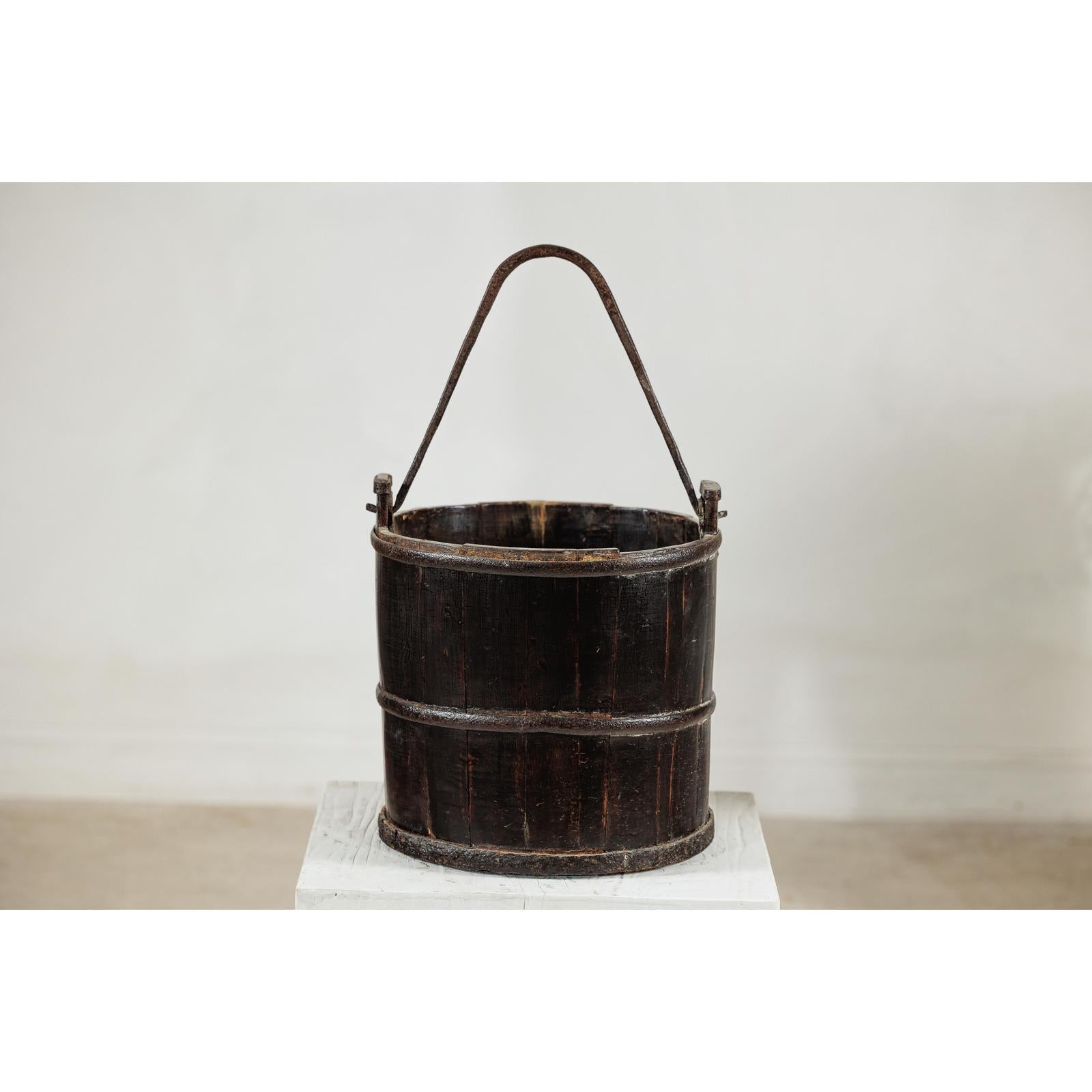 Antique Wooden Water Bucket with Iron Handle and Dark Patina-3. Asian &amp; Chinese Furniture, Art, Antiques, Vintage Home Décor for sale at FEA Home