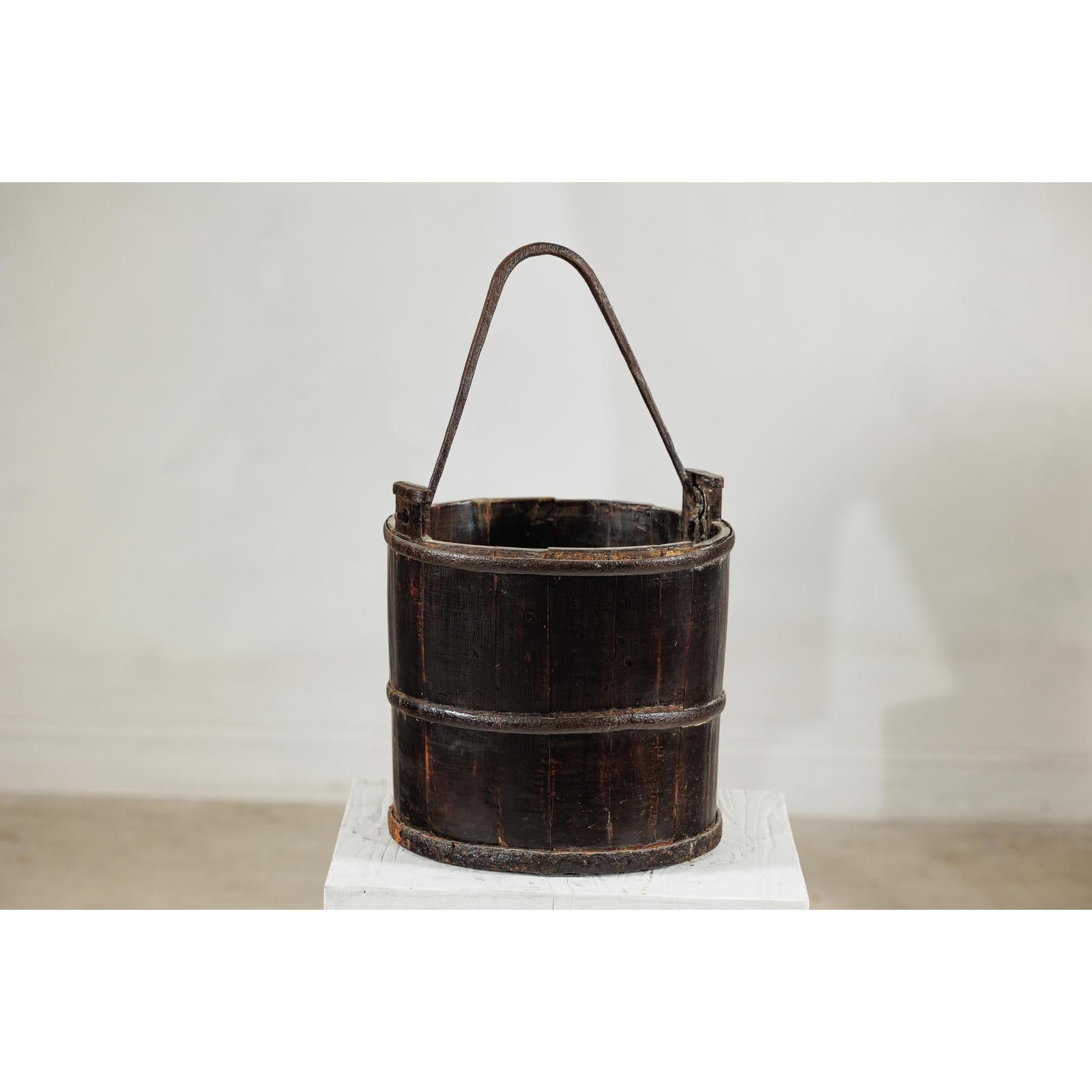 Antique Wooden Water Bucket with Iron Handle and Dark Patina-4. Asian &amp; Chinese Furniture, Art, Antiques, Vintage Home Décor for sale at FEA Home