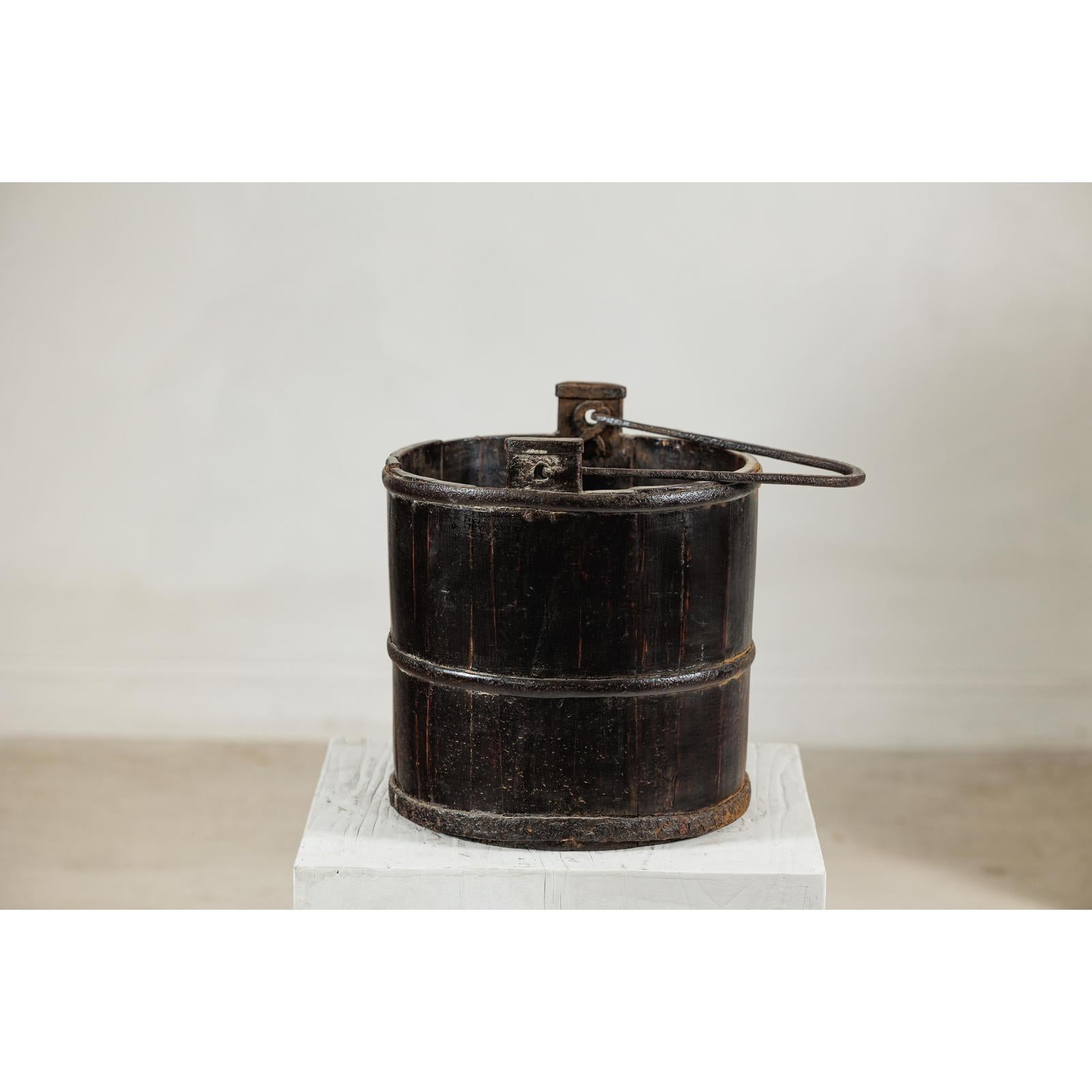 Antique Wooden Water Bucket with Iron Handle and Dark Patina-7. Asian &amp; Chinese Furniture, Art, Antiques, Vintage Home Décor for sale at FEA Home