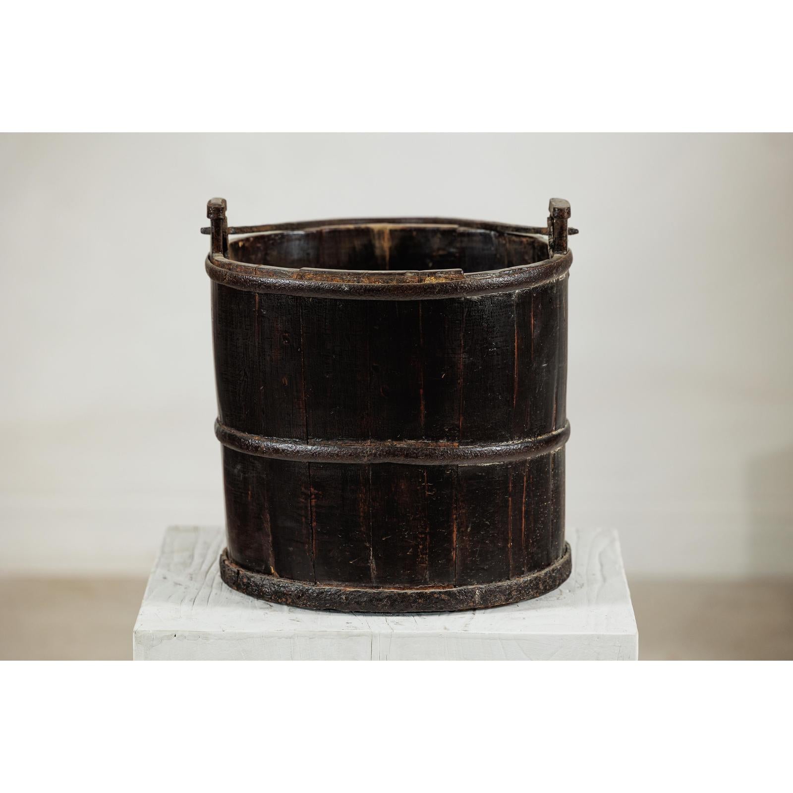 Antique Wooden Water Bucket with Iron Handle and Dark Patina-9. Asian &amp; Chinese Furniture, Art, Antiques, Vintage Home Décor for sale at FEA Home