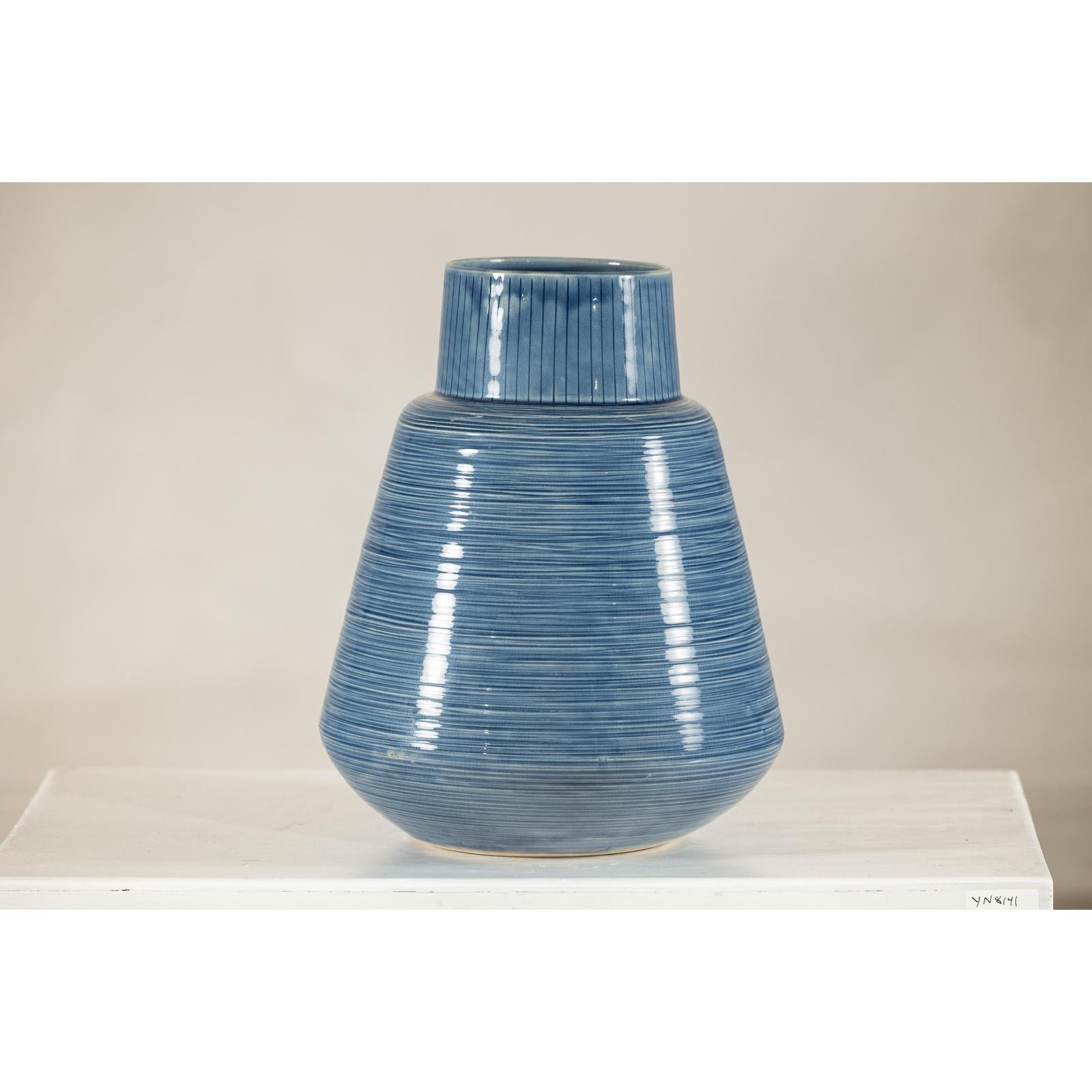 Artisan Blue-Glazed Ceramic Vase with Tapering Form