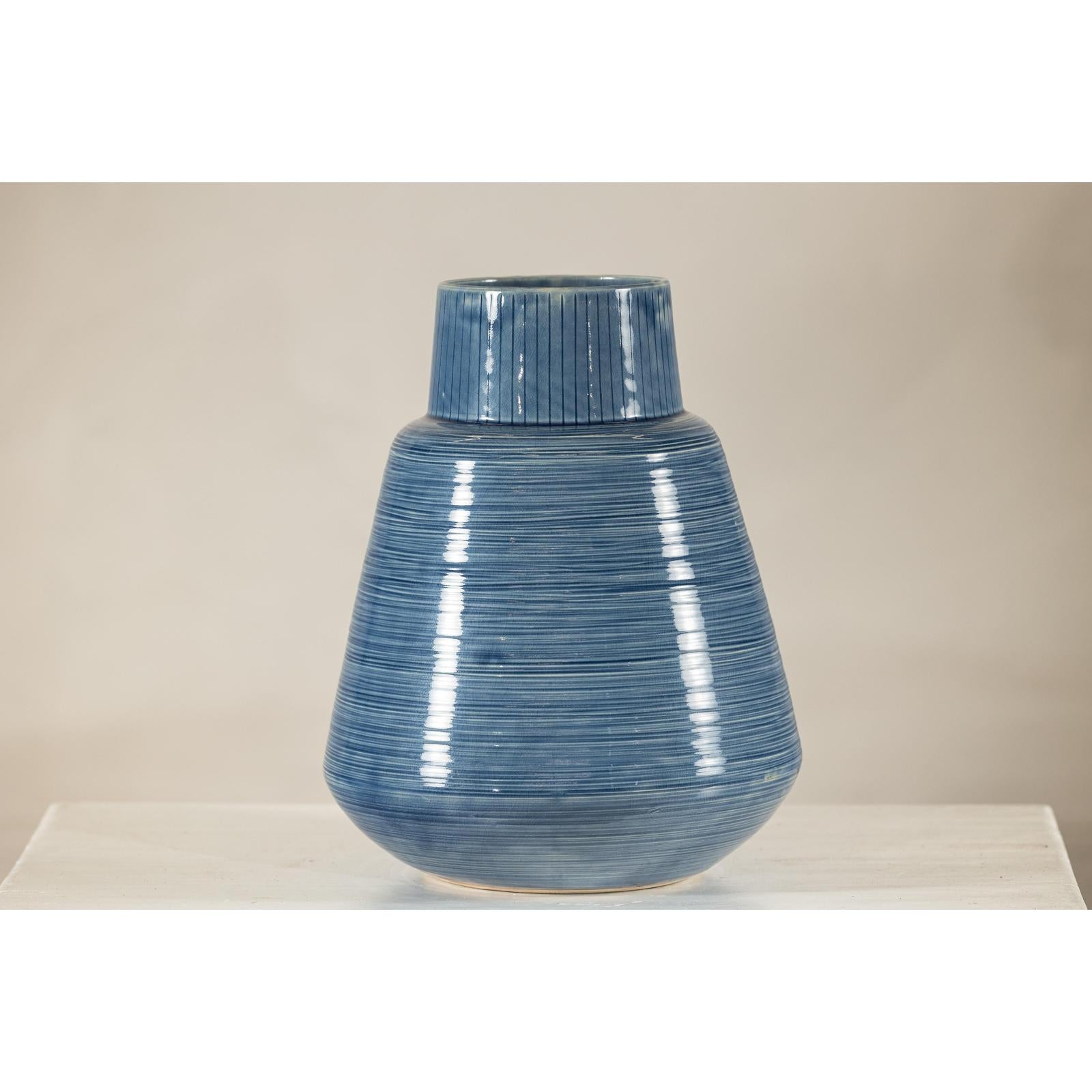 Artisan Blue-Glazed Ceramic Vase with Tapering Form