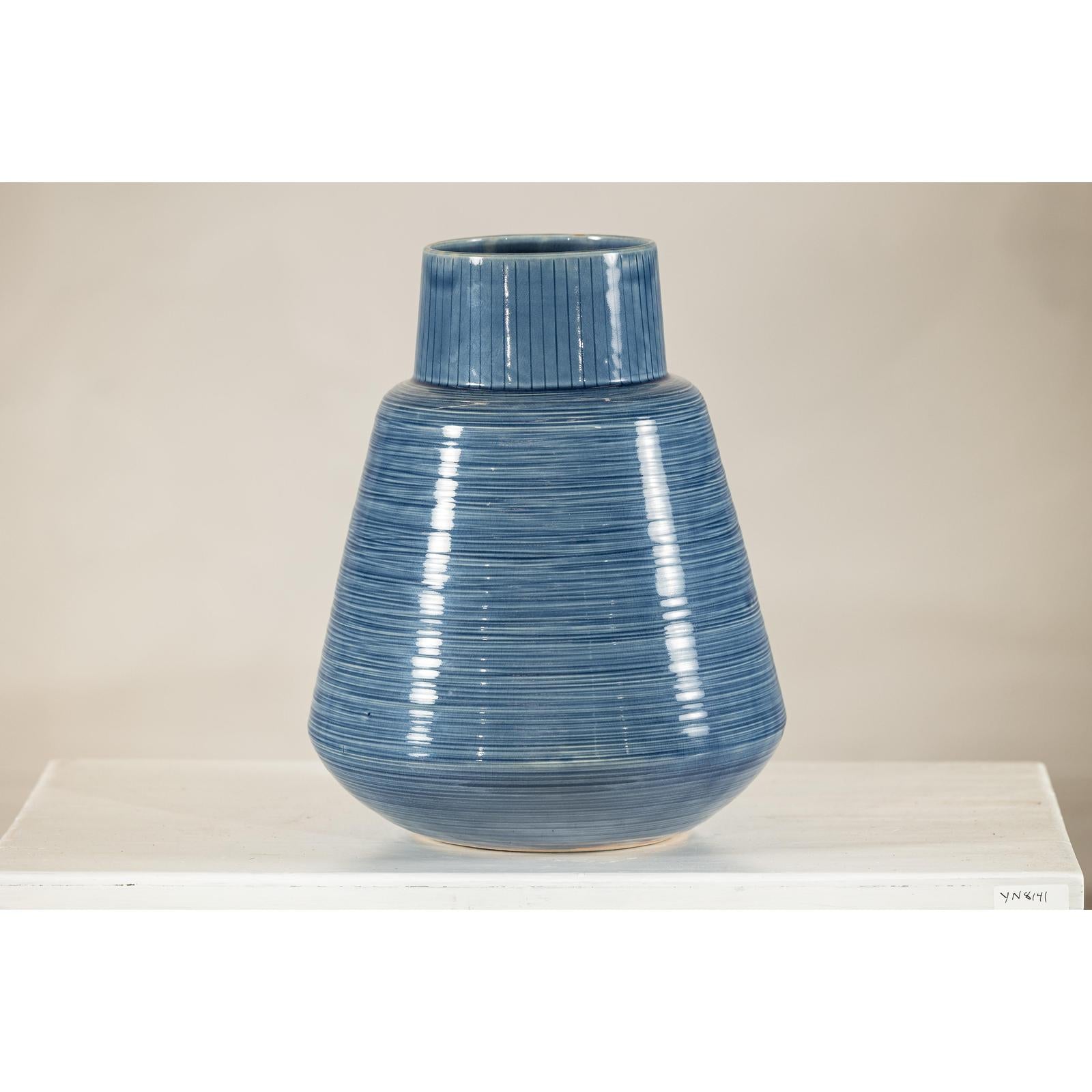 Artisan Blue-Glazed Ceramic Vase with Tapering Form