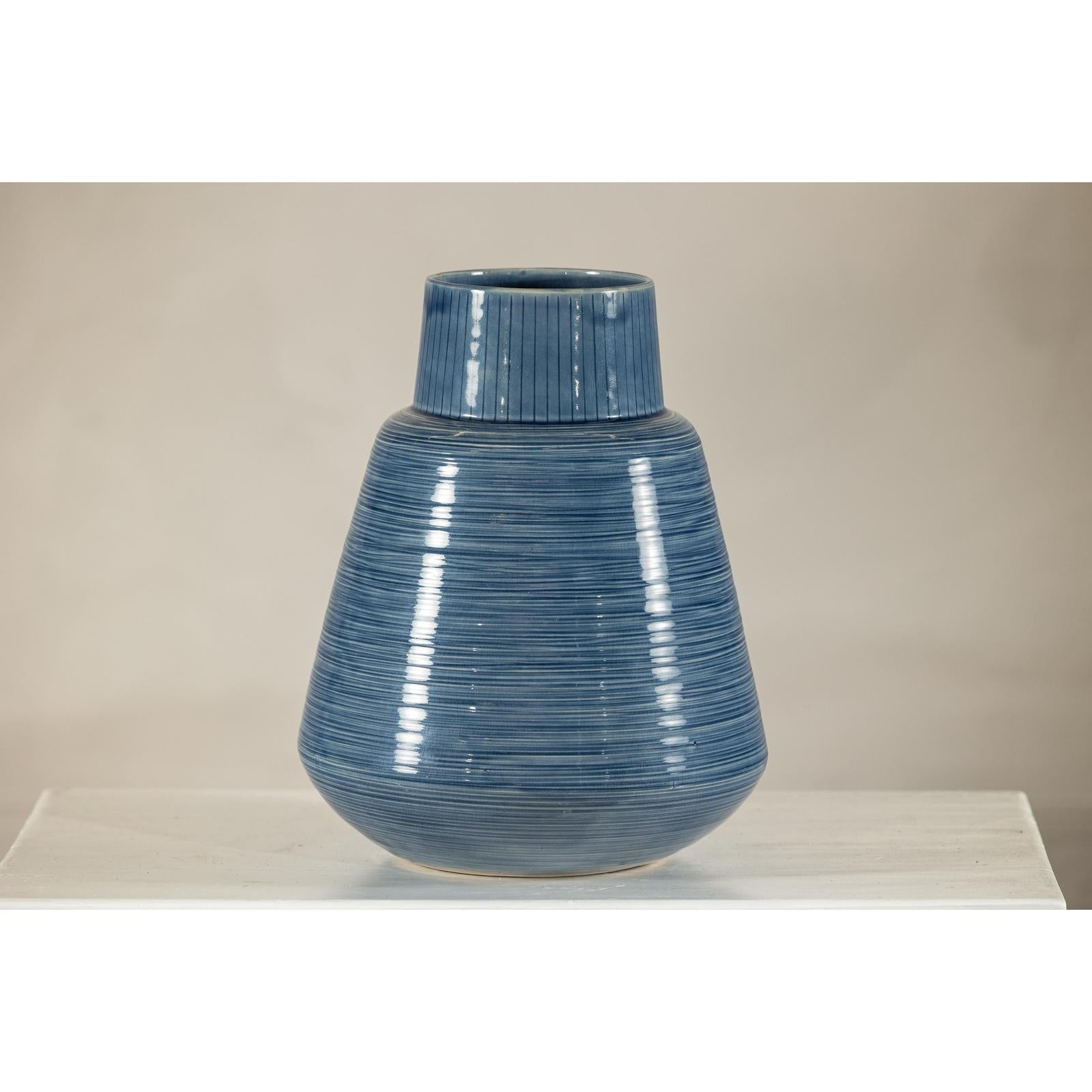 Artisan Blue-Glazed Ceramic Vase with Tapering Form