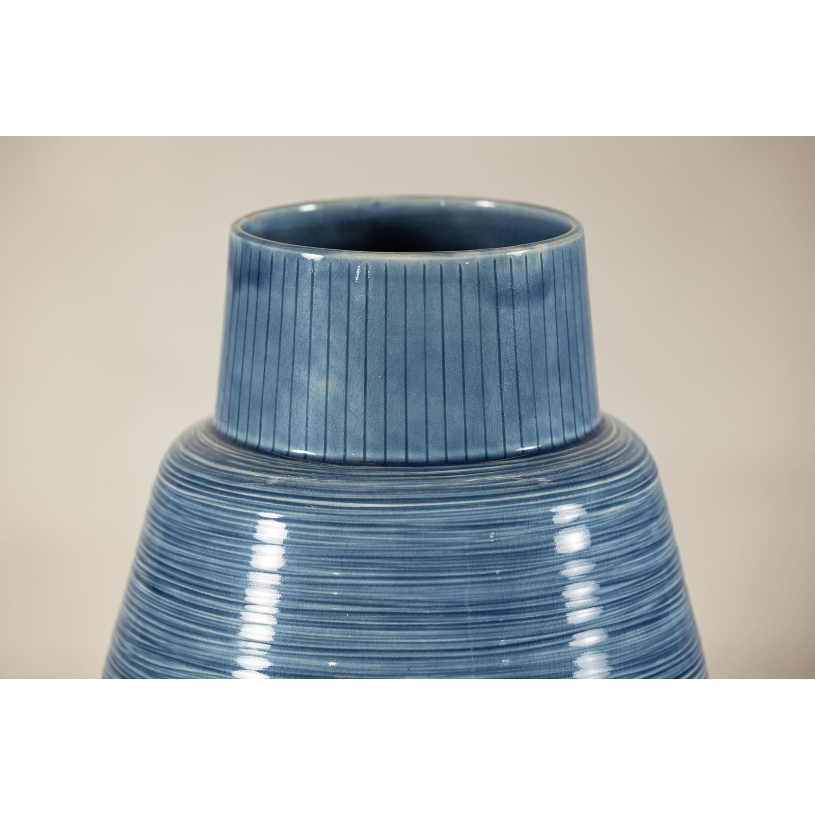 Artisan Blue-Glazed Ceramic Vase with Tapering Form