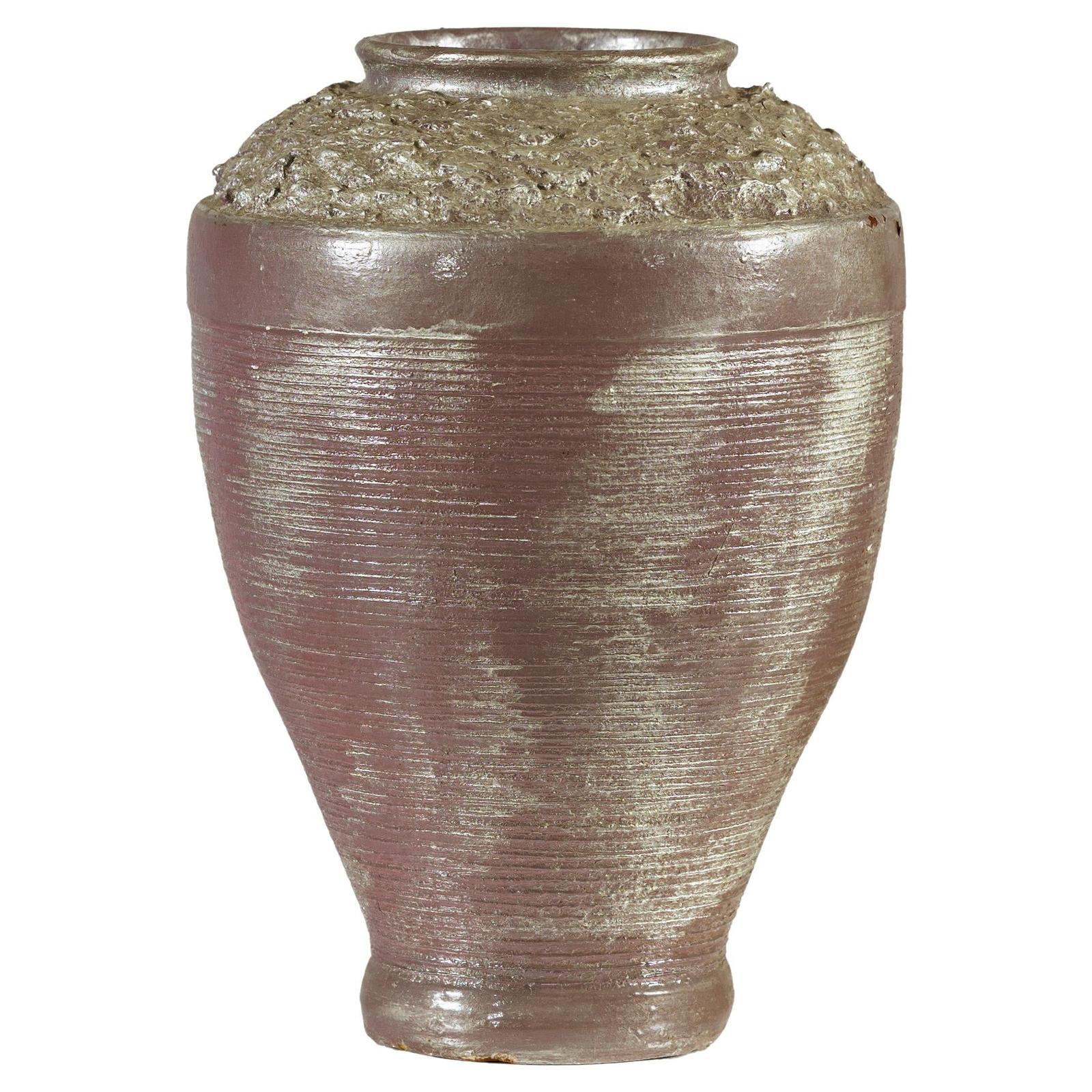 Artisan Ceramic Vase with Silvered Mauve Glaze and Textured Rim-1. Asian & Chinese Furniture, Art, Antiques, Vintage Home Décor for sale at FEA Home