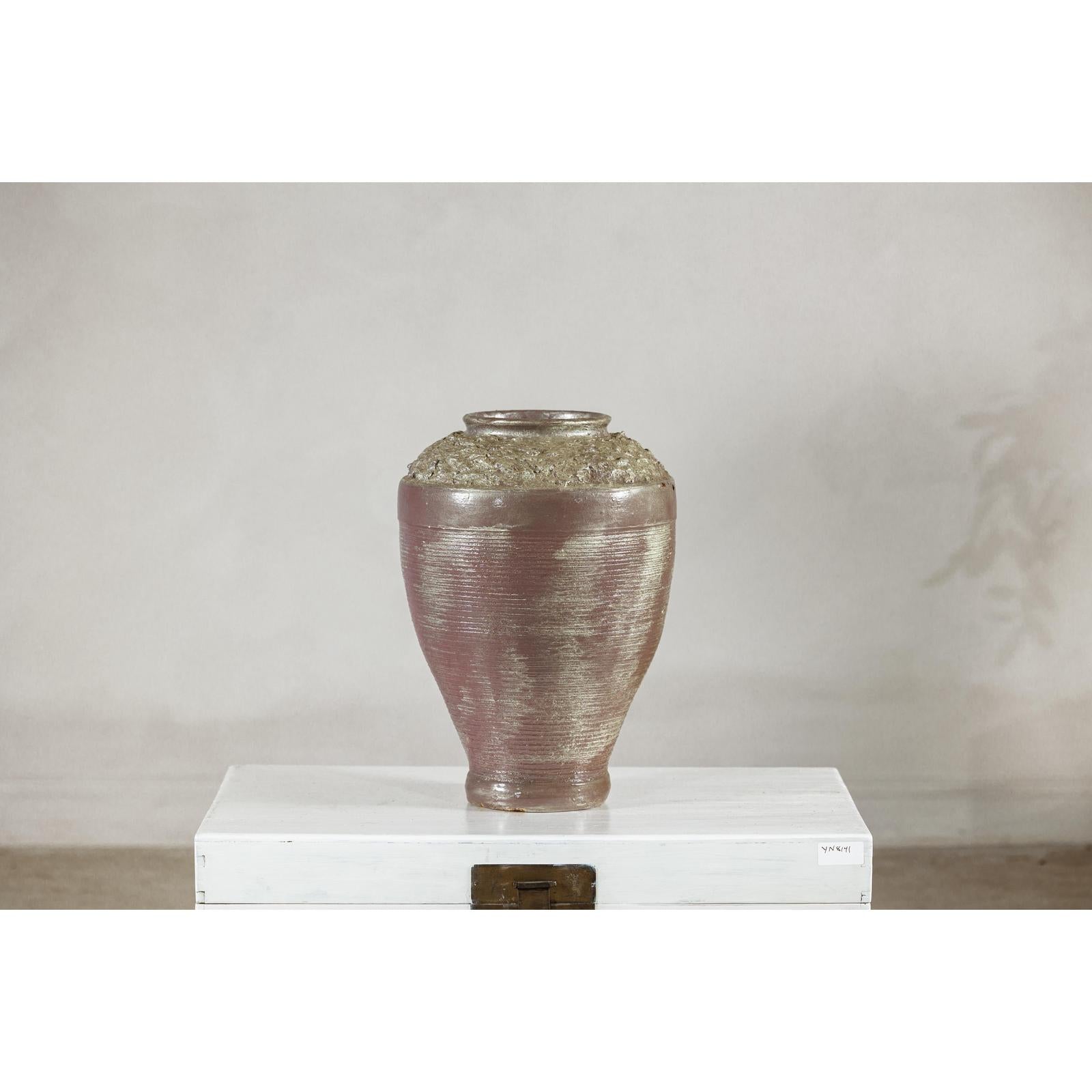 Artisan Ceramic Vase with Silvered Mauve Glaze and Textured Rim-16. Asian &amp; Chinese Furniture, Art, Antiques, Vintage Home Décor for sale at FEA Home