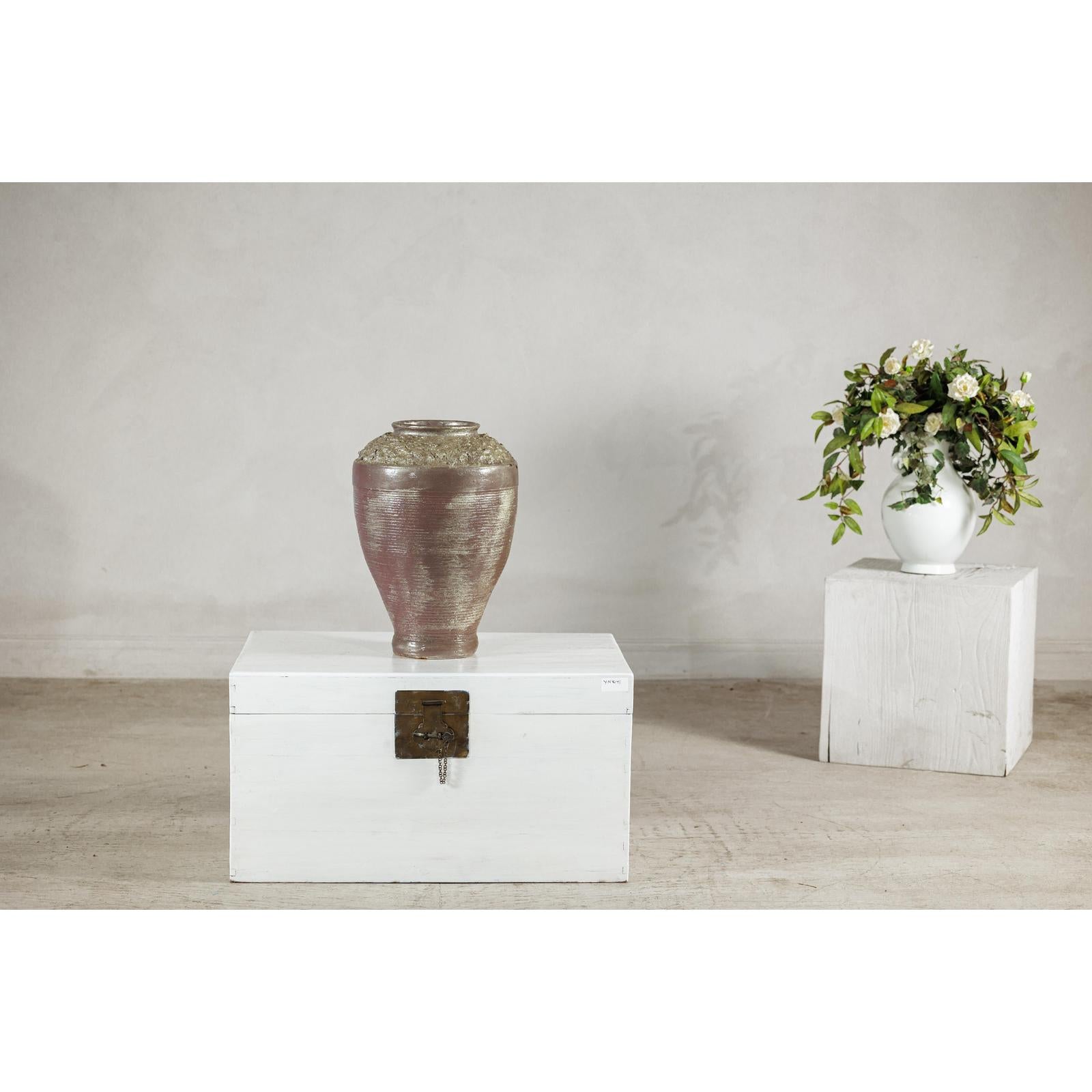 Artisan Ceramic Vase with Silvered Mauve Glaze and Textured Rim-2. Asian & Chinese Furniture, Art, Antiques, Vintage Home Décor for sale at FEA Home