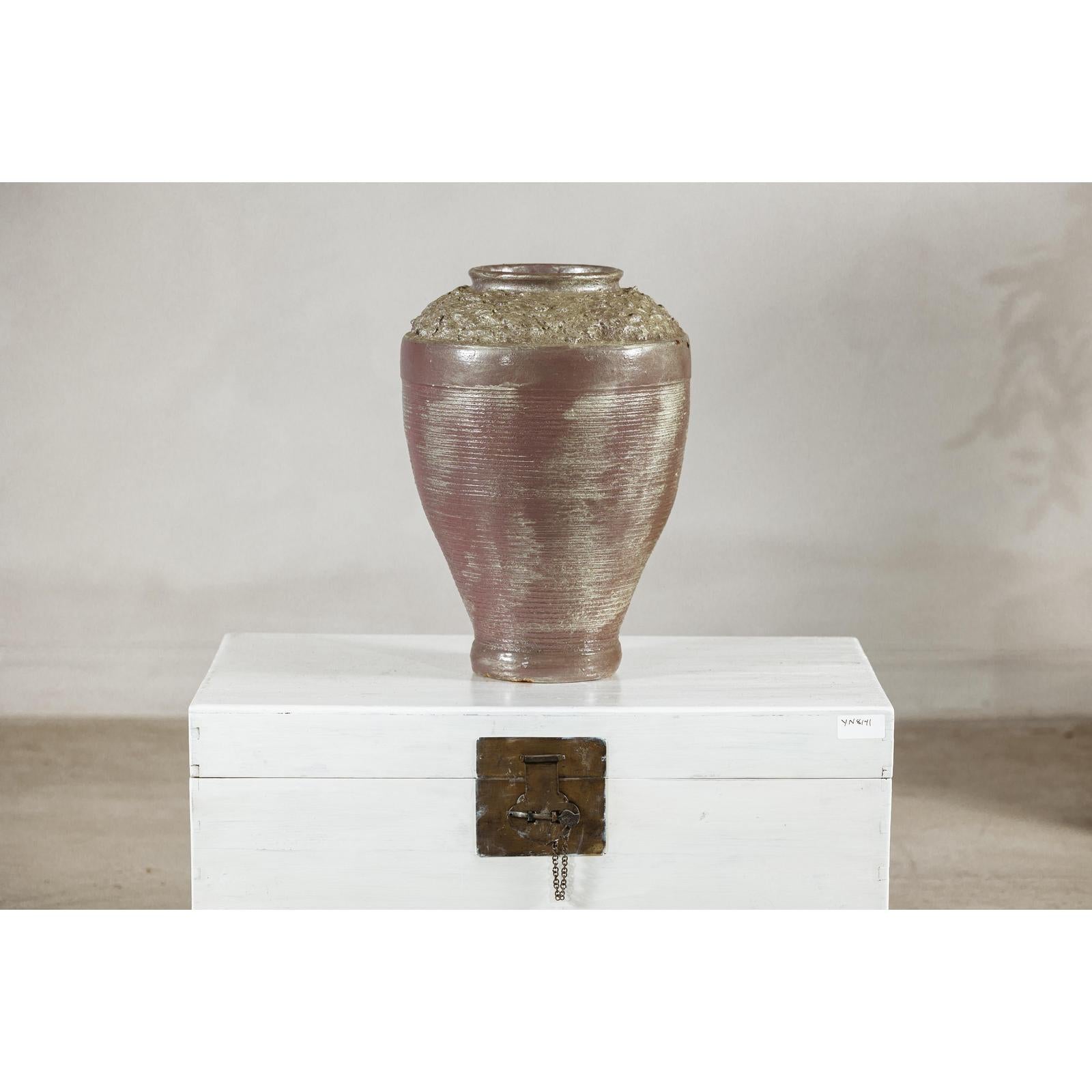 Artisan Ceramic Vase with Silvered Mauve Glaze and Textured Rim-3. Asian &amp; Chinese Furniture, Art, Antiques, Vintage Home Décor for sale at FEA Home