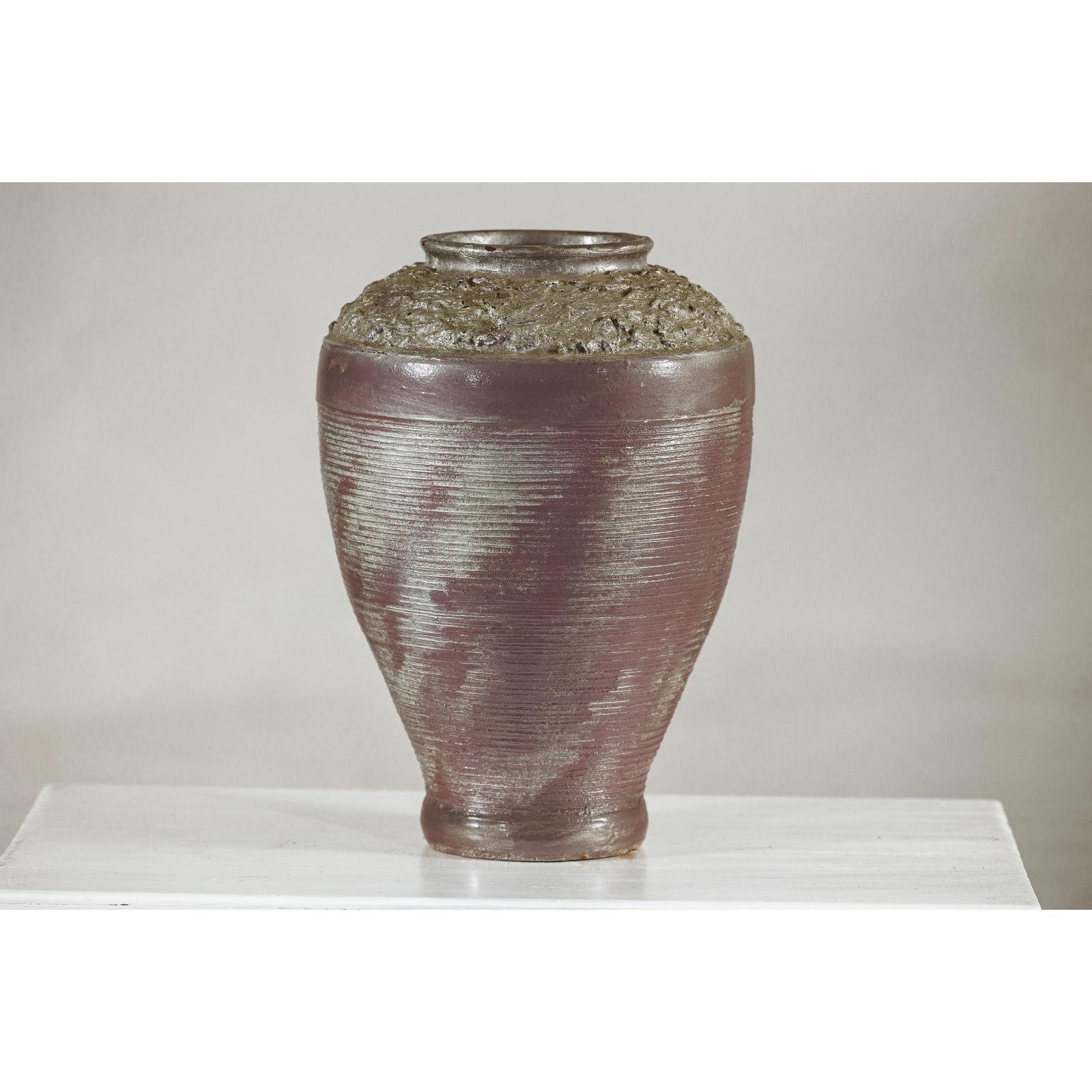 Artisan Ceramic Vase with Silvered Mauve Glaze and Textured Rim-5. Asian &amp; Chinese Furniture, Art, Antiques, Vintage Home Décor for sale at FEA Home
