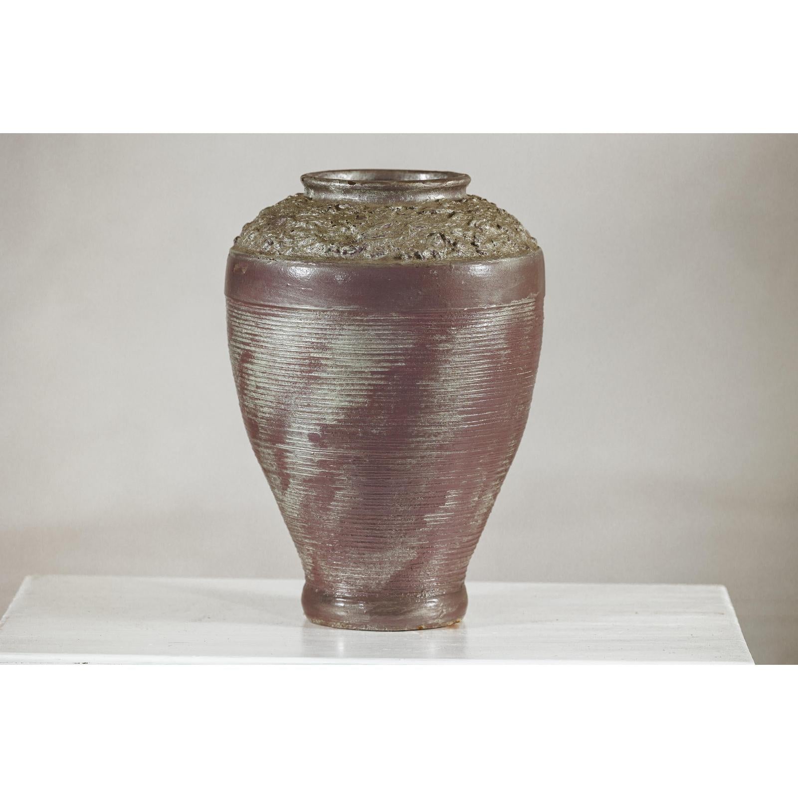 Artisan Ceramic Vase with Silvered Mauve Glaze and Textured Rim-6. Asian &amp; Chinese Furniture, Art, Antiques, Vintage Home Décor for sale at FEA Home
