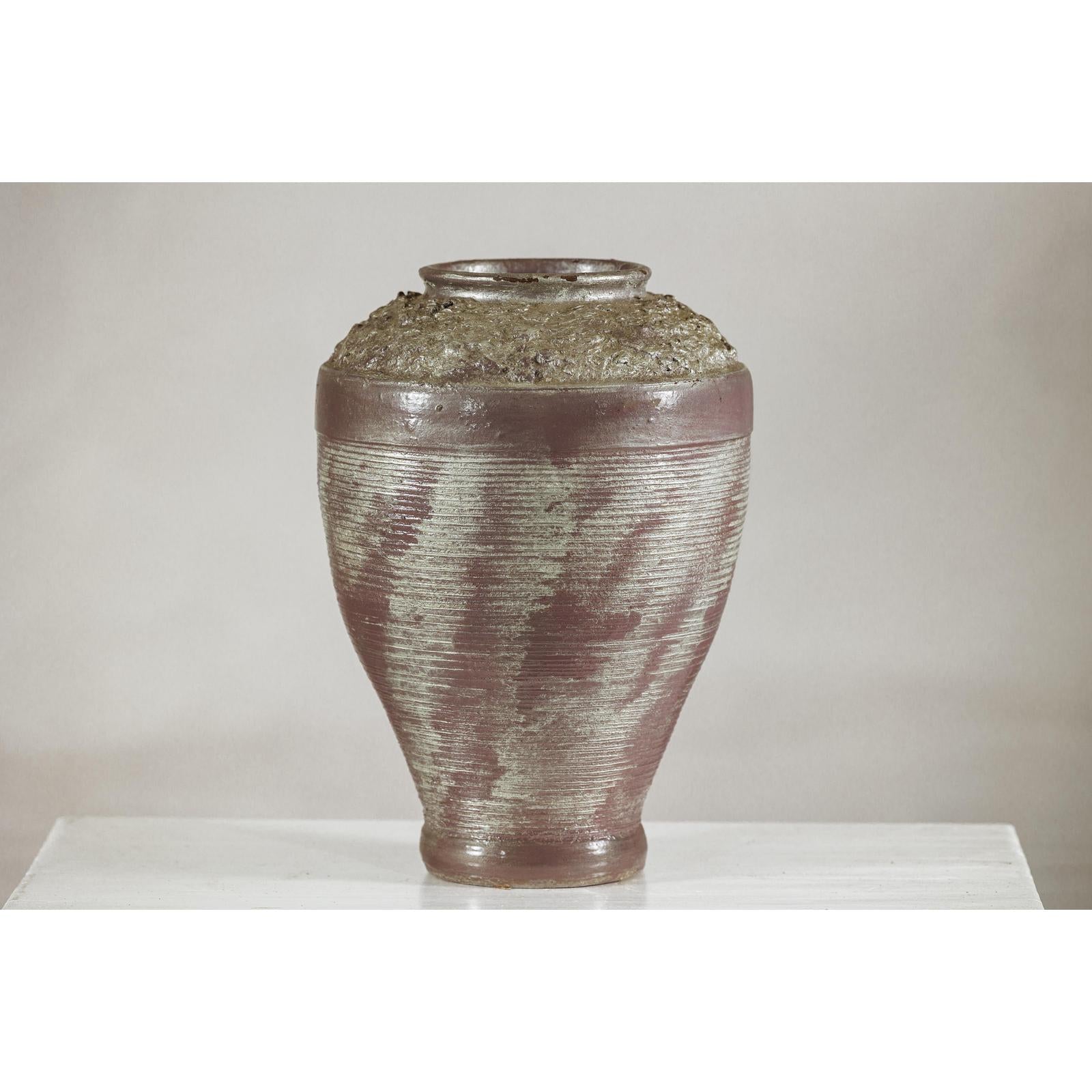 Artisan Ceramic Vase with Silvered Mauve Glaze and Textured Rim-8. Asian &amp; Chinese Furniture, Art, Antiques, Vintage Home Décor for sale at FEA Home